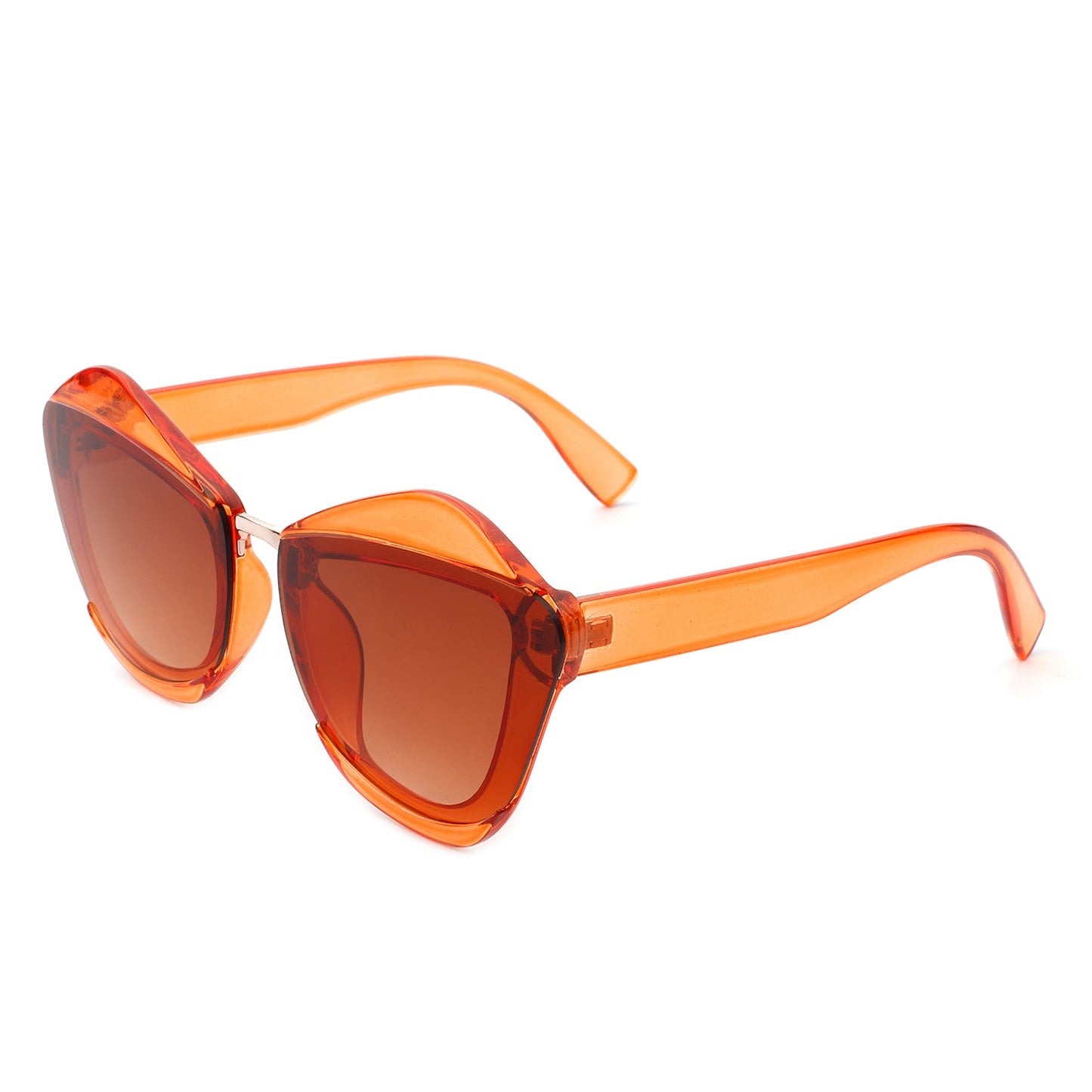 A pair of Infernia sunglasses by Cramilo Eyewear with a square, irregular cat eye frame design in translucent orange and dark tinted lenses.