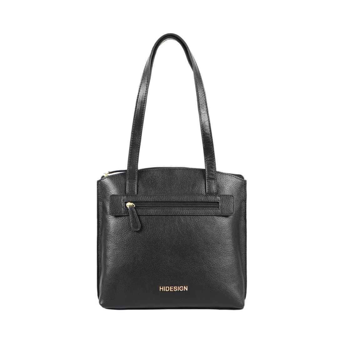 A black Hidesign Clarida Womens Classic Leather Handbag with two shoulder straps, a zippered front pocket, and HIDESIGN embossed in gold at the bottom.