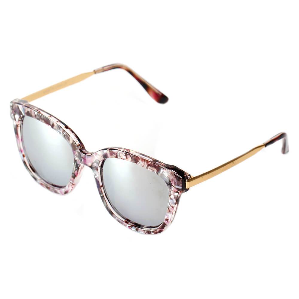The DEKALB Womens Oversize sunglasses by Cramilo Eyewear feature floral rims, thin gold arms, and silver mirrored lenses.