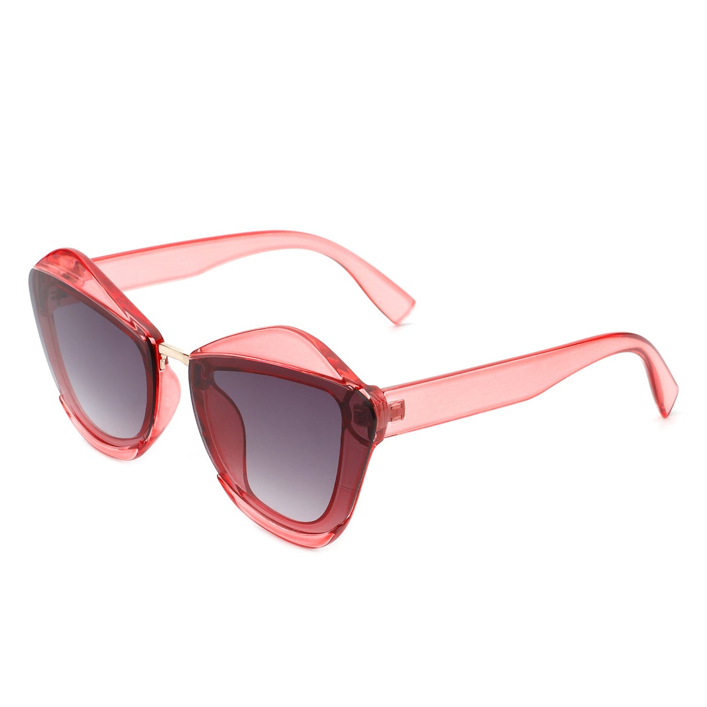 A pair of Infernia sunglasses by Cramilo Eyewear with a square, irregular cat eye frame design in translucent orange and dark tinted lenses.