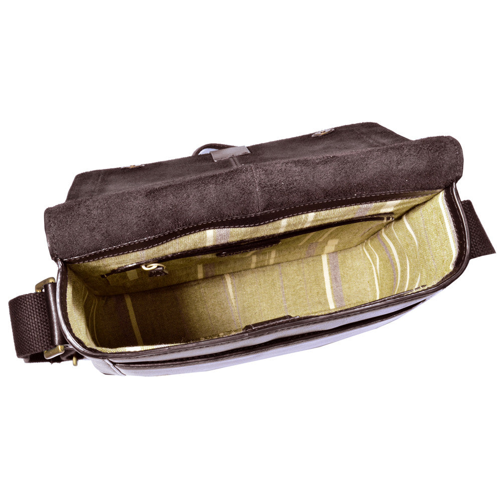 Hidesigns Aiden Genuine Leather Medium Crossbody is a dark brown shoulder bag featuring a wide strap and rectangular brass buckle.