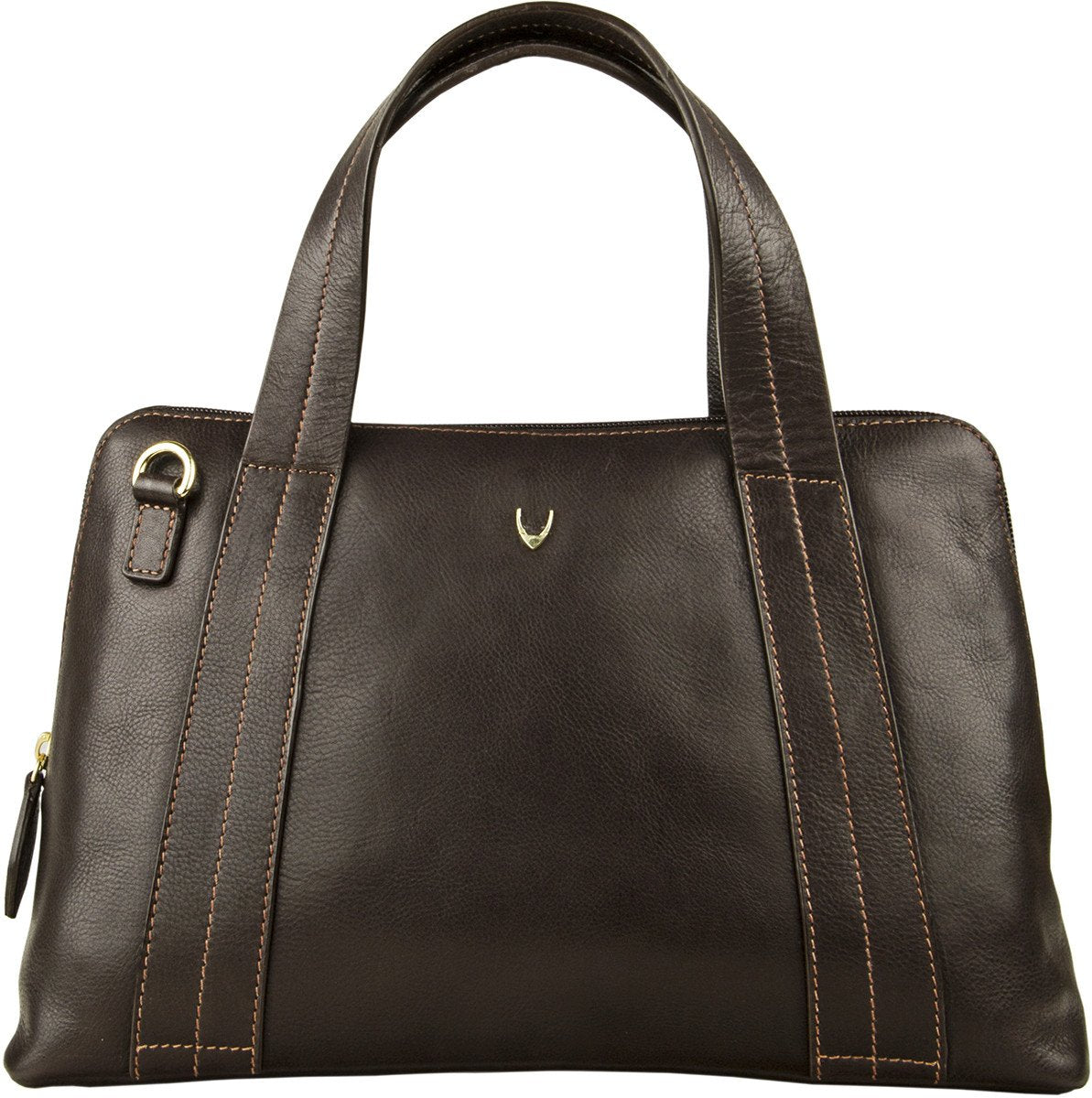 The Cerys Medium Leather Satchel by Hidesign is a red handbag with short handles and a detachable shoulder strap, featuring gold-tone hardware and a small gold emblem on the front.