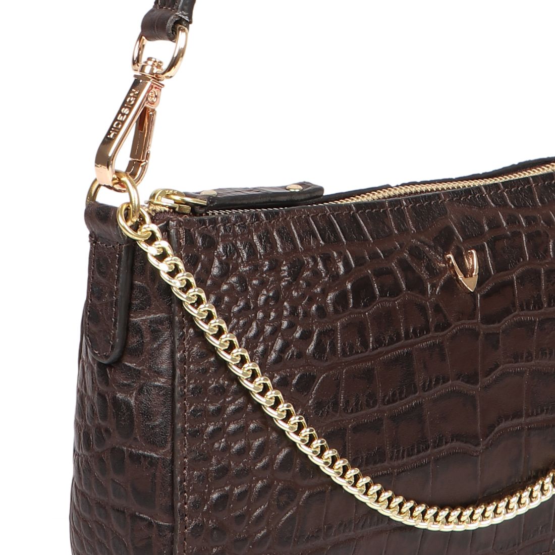 Hidesign Valerie black crocodile-textured handbag featuring a gold chain accent and single shoulder strap against a white background.
