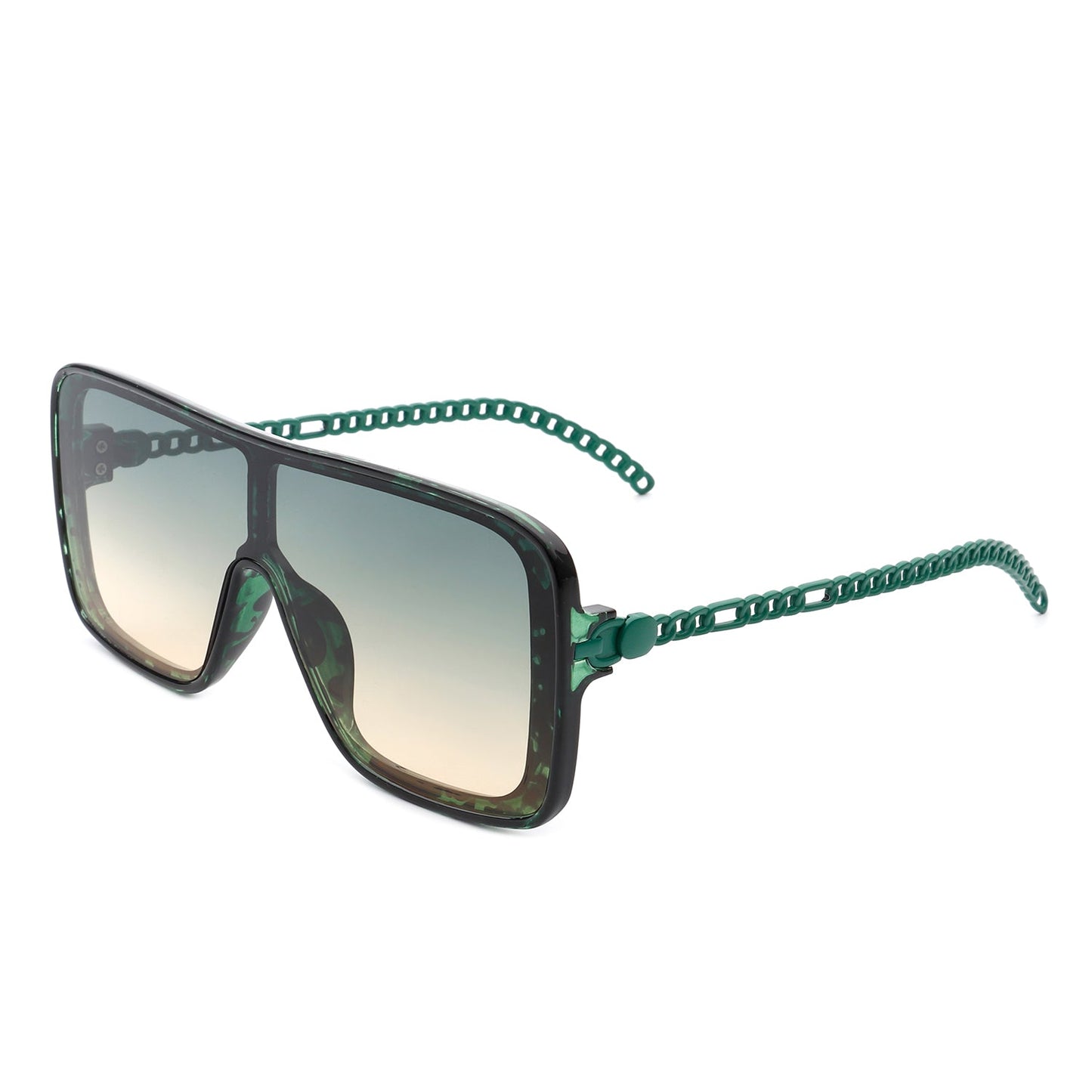 Cramilo Eyewears Wildwind sunglasses feature a black-gray square frame with a retro flat top, gradient blue lenses, and chain-like arms.