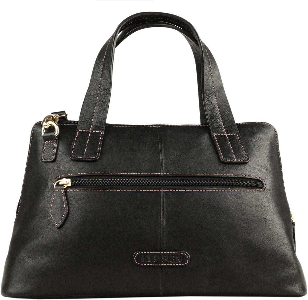 The Cerys Medium Leather Satchel by Hidesign is a red handbag with short handles and a detachable shoulder strap, featuring gold-tone hardware and a small gold emblem on the front.