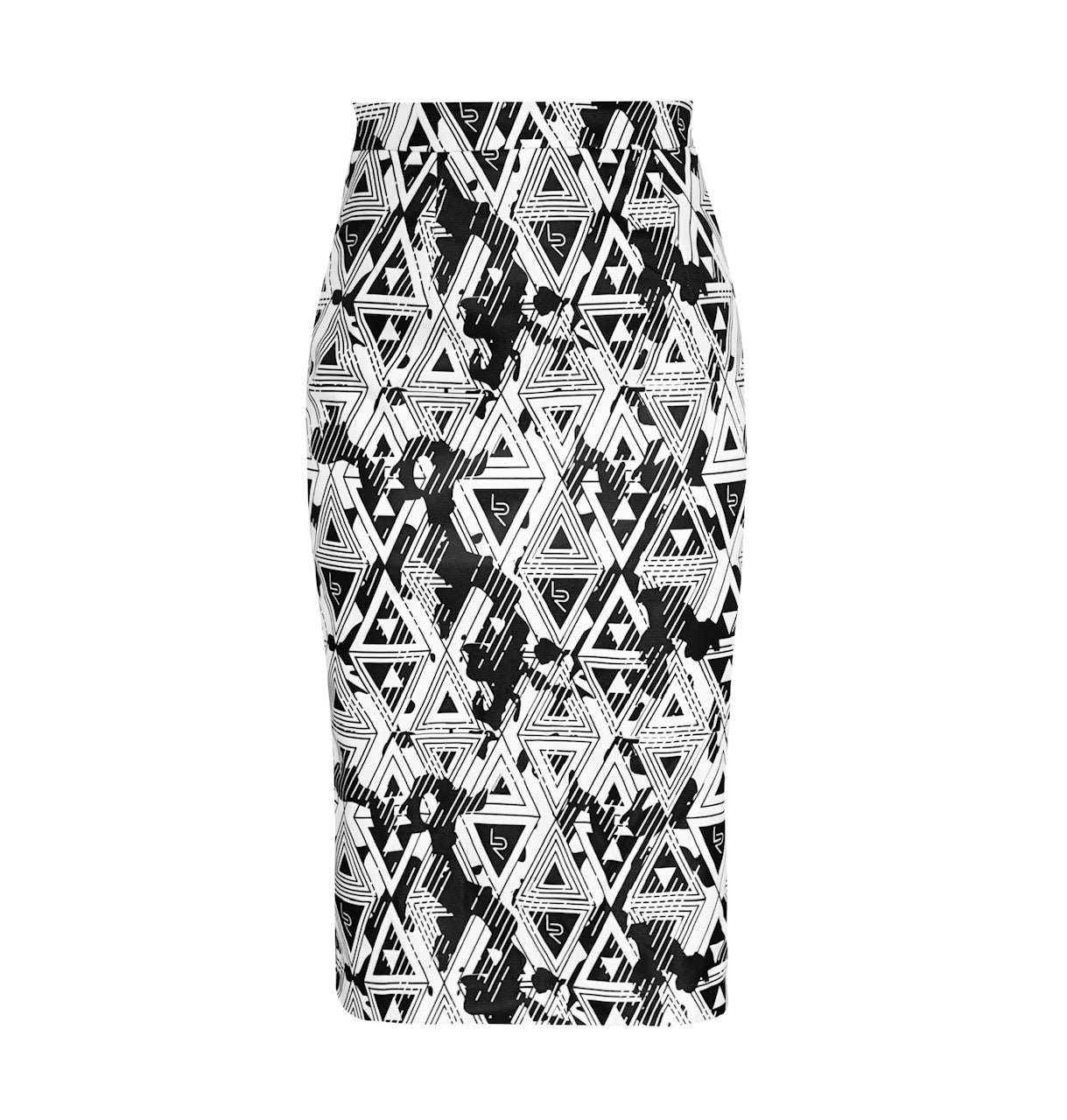 The Amour Geometric Pencil Skirt by Le Réussi® showcases a black and white geometric pattern with triangular shapes and abstract designs.