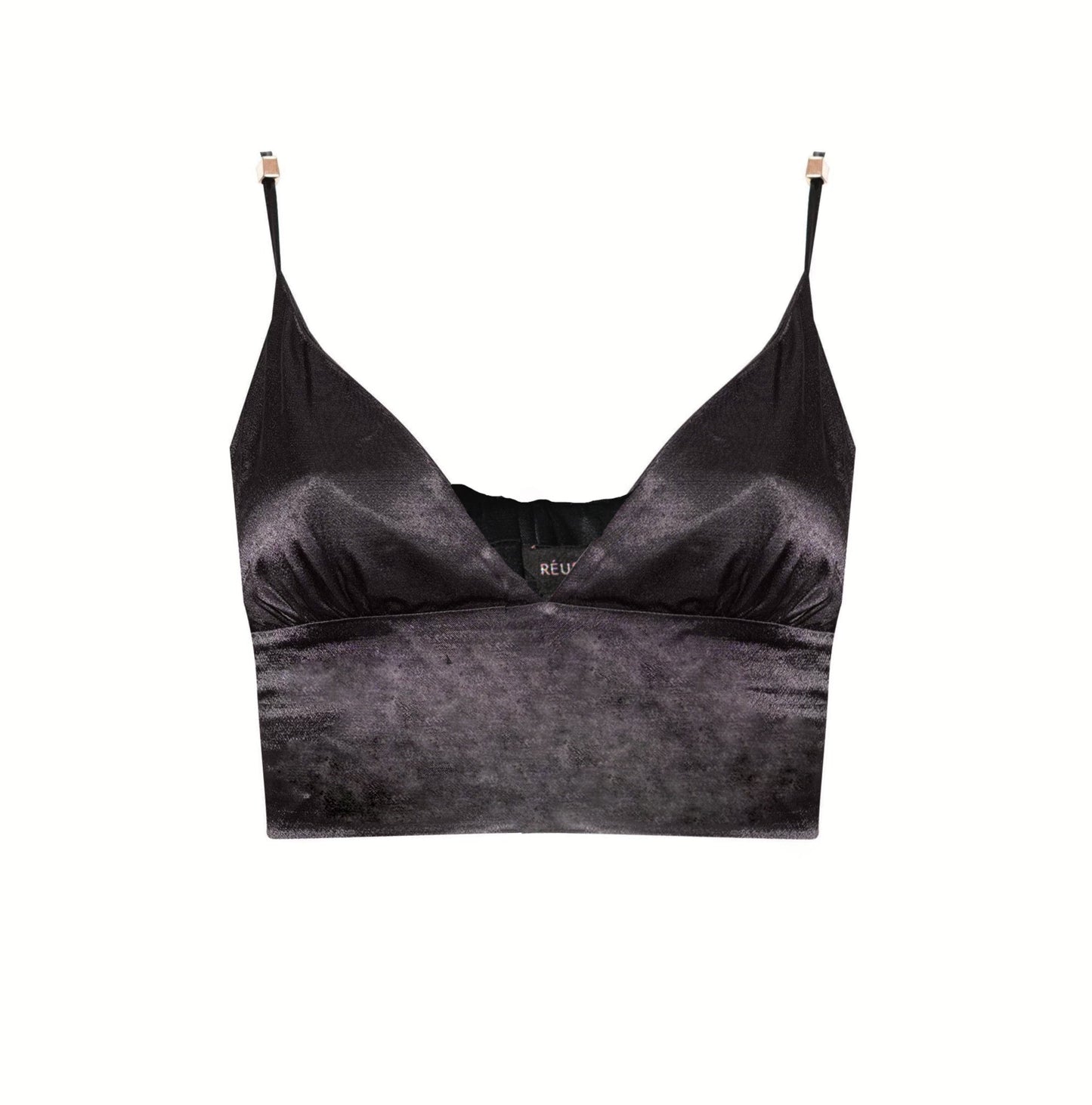 The Avril Crop Top by Le Réussi® is a black velvet bralette with thin straps, a soft sheen, and a slightly curved neckline.
