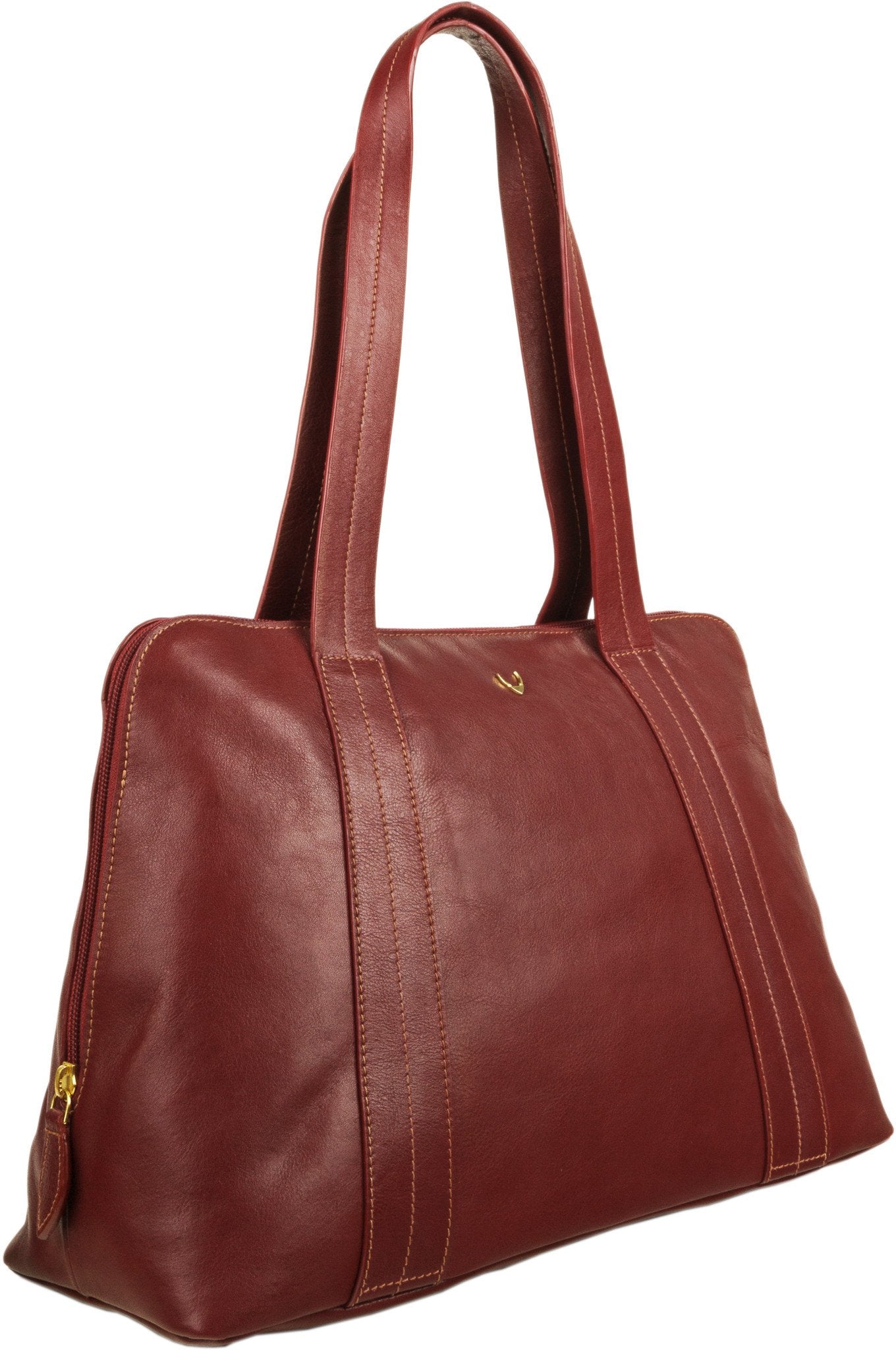 The Hidesign Cerys Leather Multi-Compartment Tote is a brown handbag featuring two straps and a minimal stitching design.