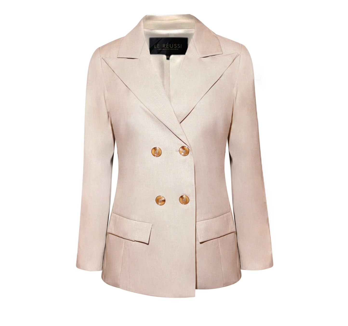 The Louise Blazer by Le Réussi® is a beige, double-breasted blazer featuring four buttons and two front pockets.