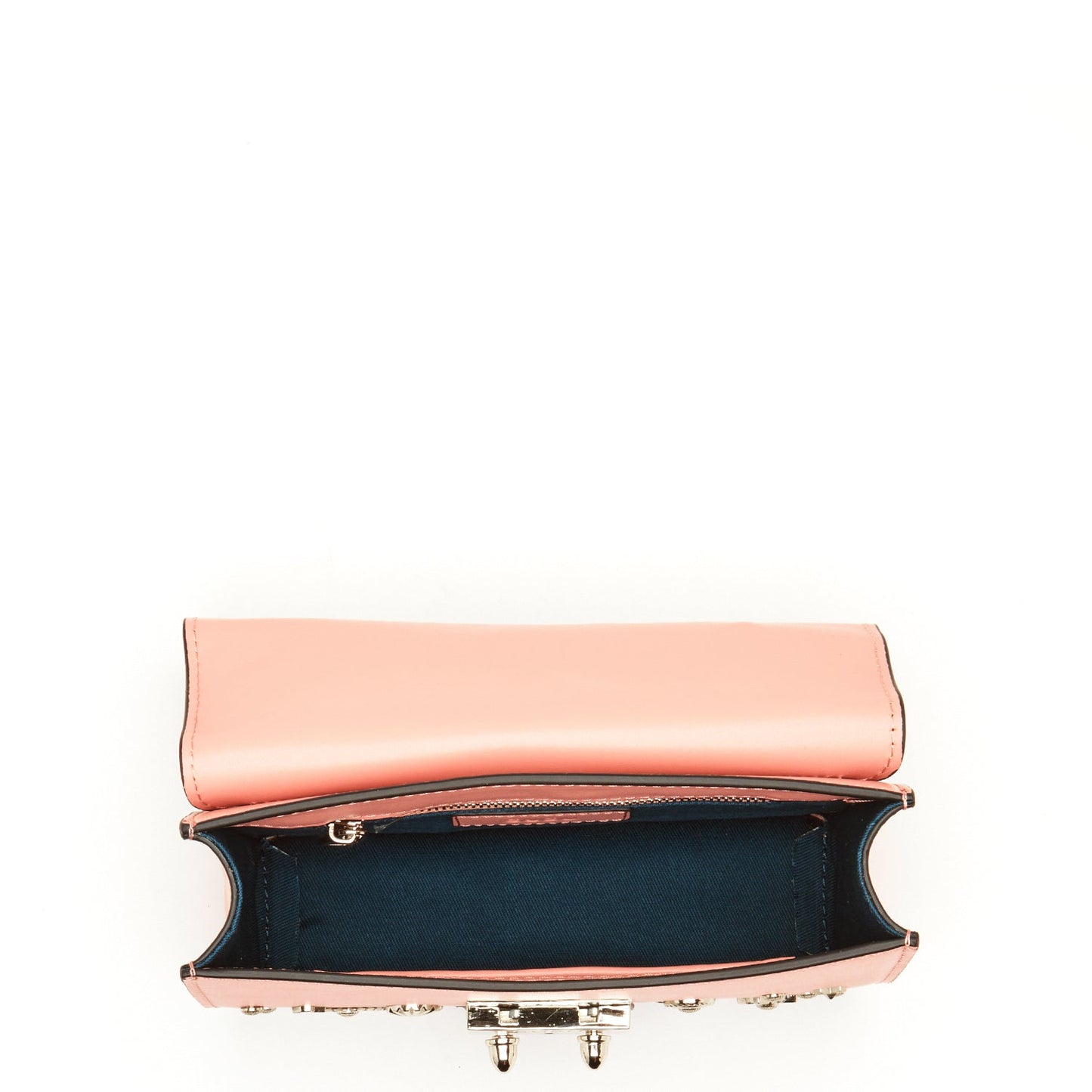 The Hollywood Leather Crossbody Bag Pale Pink by SUSU features metal studs, decorative patterns, a chain strap, and a buckle closure.