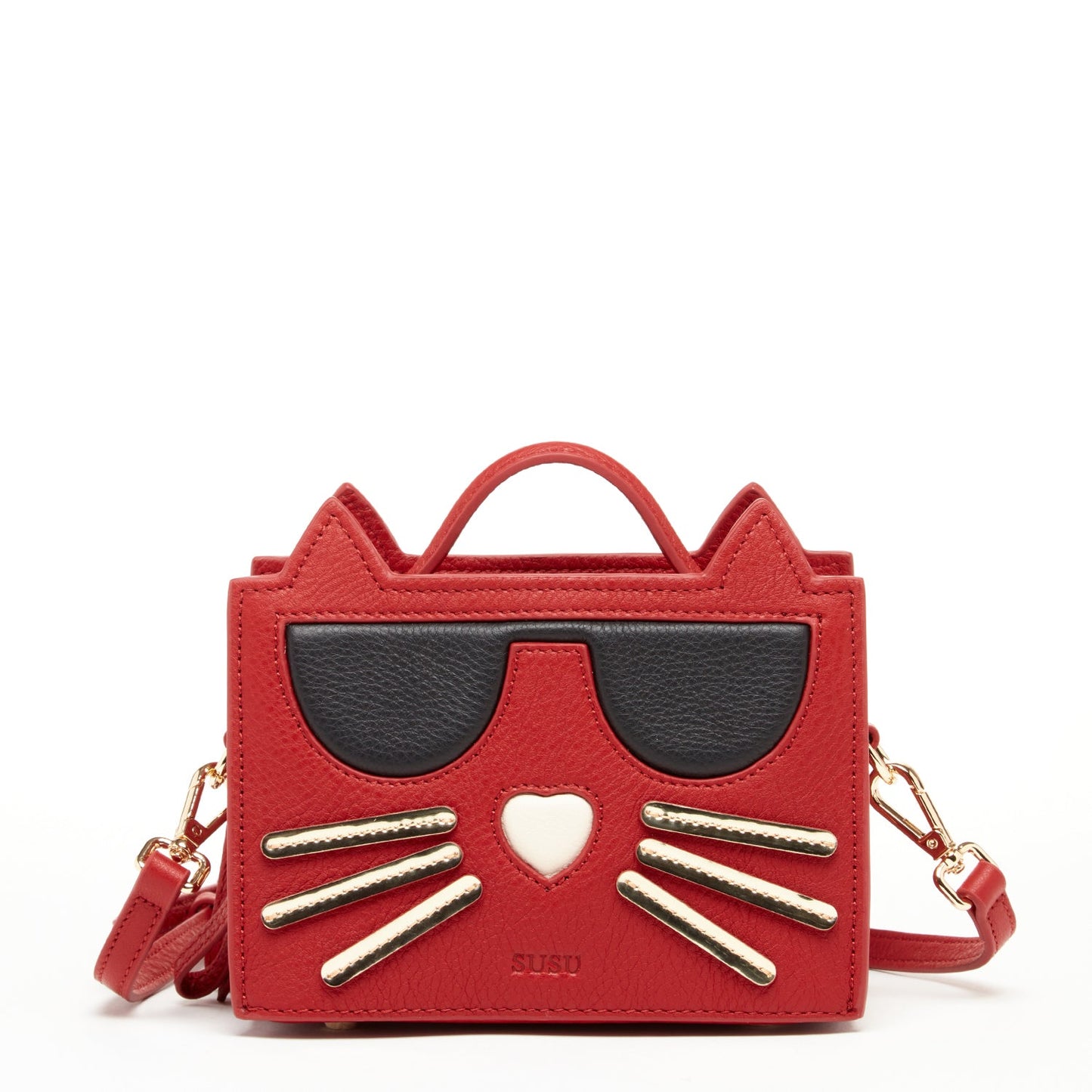 The SUSU Leather Cat Bag Red Crossbody resembles a cat, adorned with black sunglasses, a heart-shaped nose, and whisker detailing.