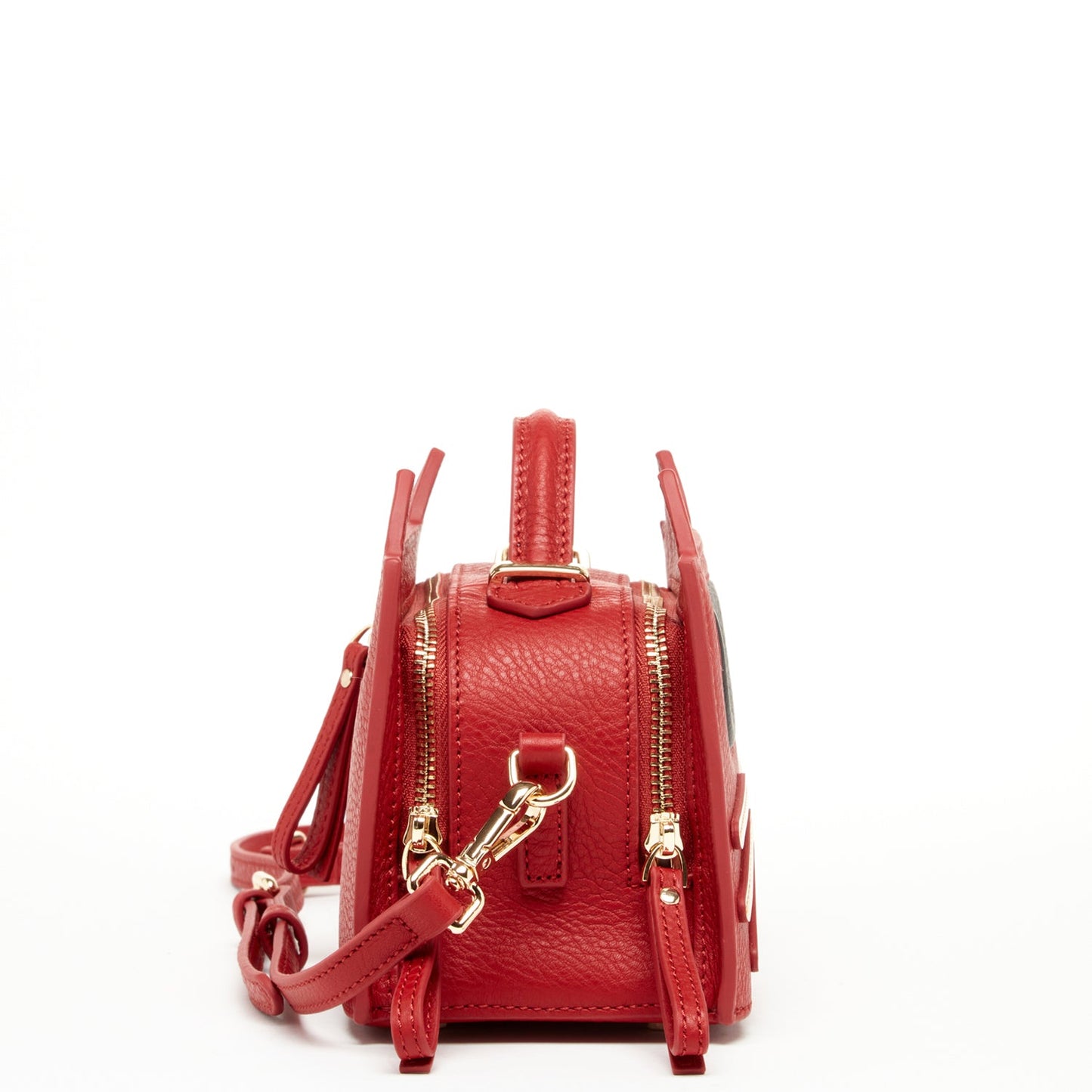 The SUSU Leather Cat Bag Red Crossbody resembles a cat, adorned with black sunglasses, a heart-shaped nose, and whisker detailing.