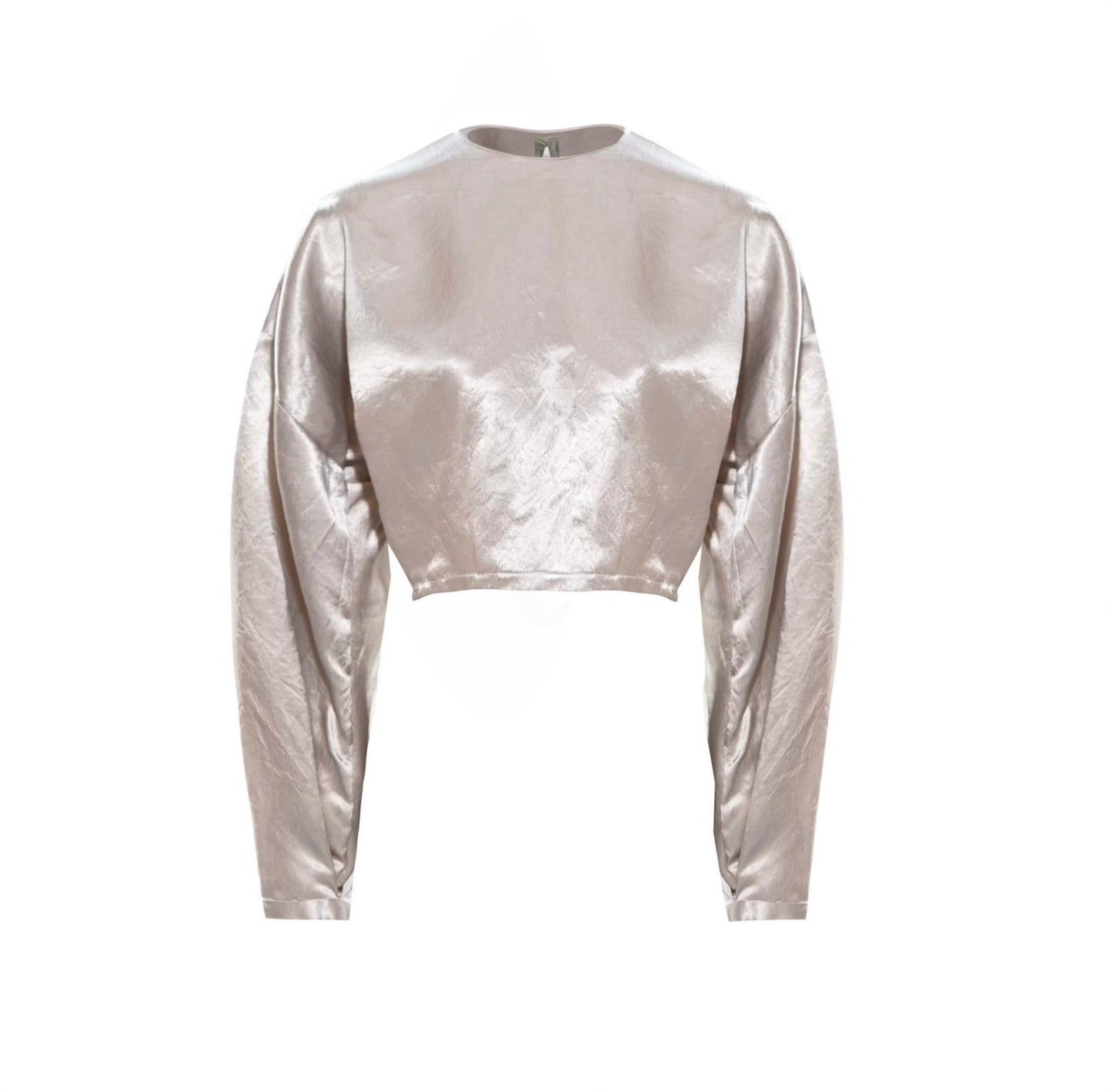 The Sophie Beige Top by Le Réussi® is a shiny, metallic silver long-sleeve crop top featuring a high neckline and loose fit, displayed on a white background.