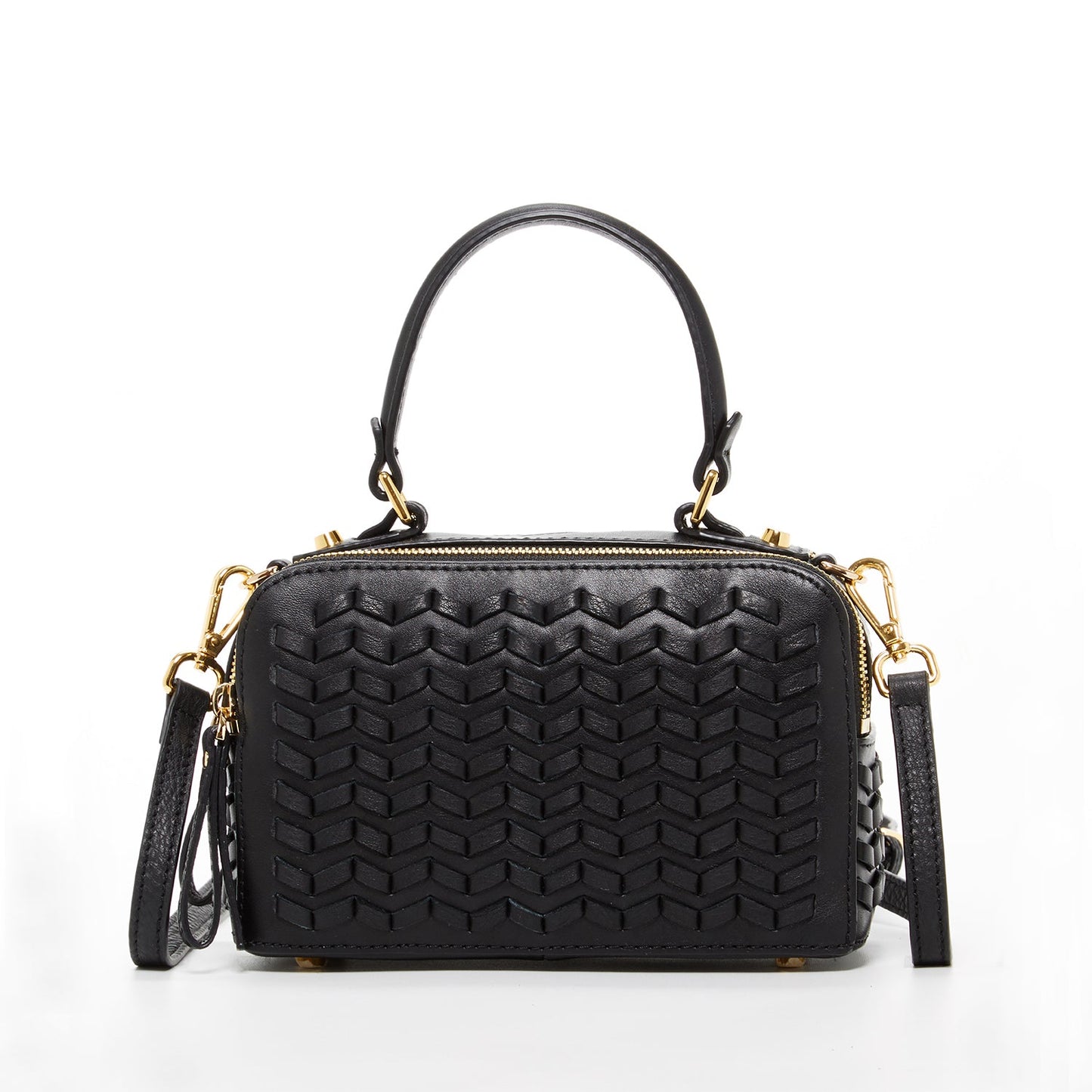The SUSU Kayla Woven Leather Bag in black features a woven pattern, gold hardware, a top handle, and an adjustable shoulder strap.