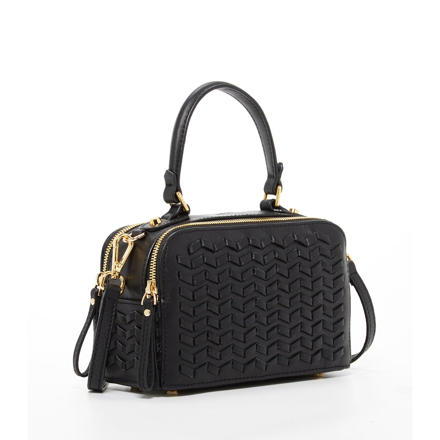 The SUSU Kayla Woven Leather Bag in black features a woven pattern, gold hardware, a top handle, and an adjustable shoulder strap.
