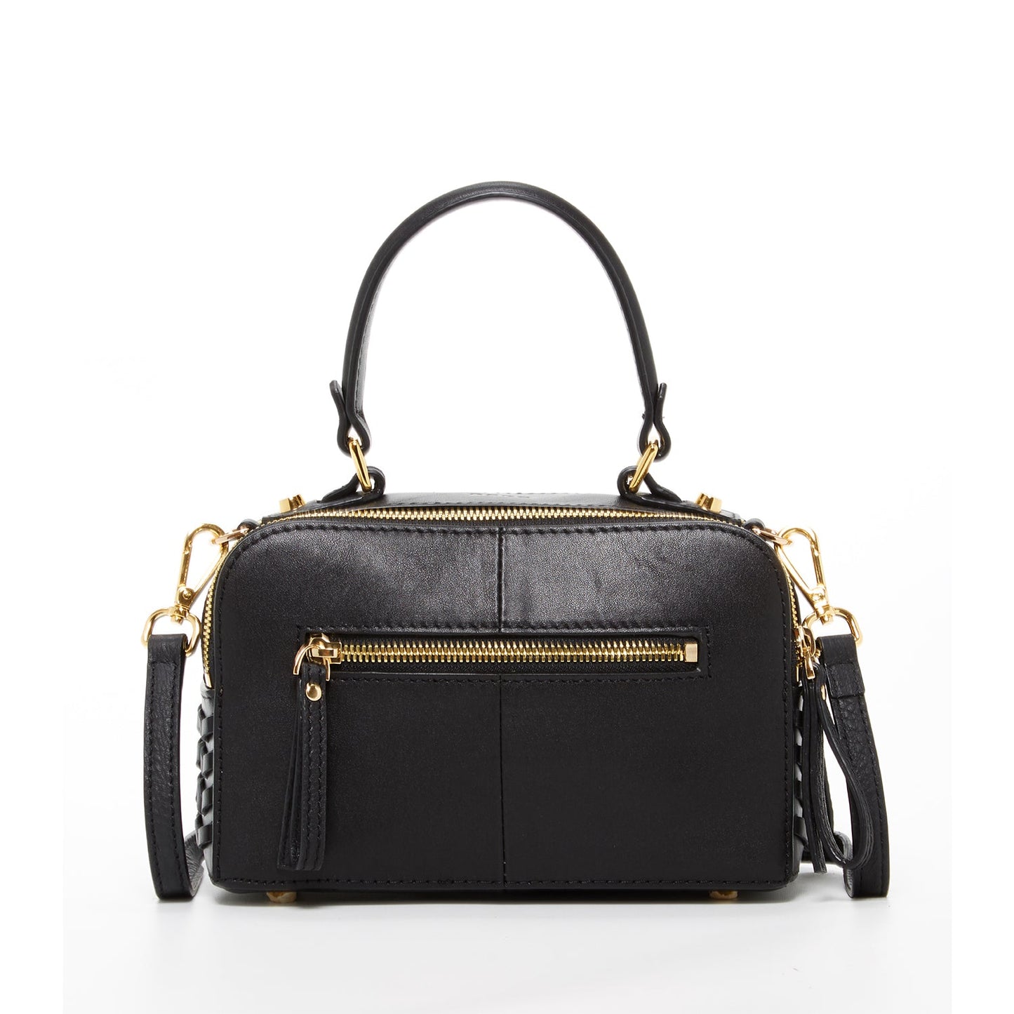 The SUSU Kayla Woven Leather Bag in black features a woven pattern, gold hardware, a top handle, and an adjustable shoulder strap.