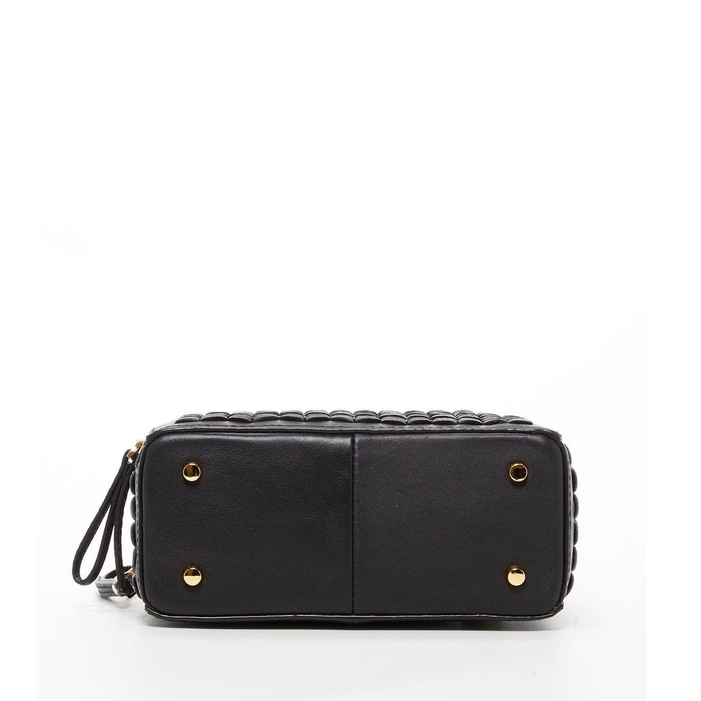 The SUSU Kayla Woven Leather Bag in black features a woven pattern, gold hardware, a top handle, and an adjustable shoulder strap.