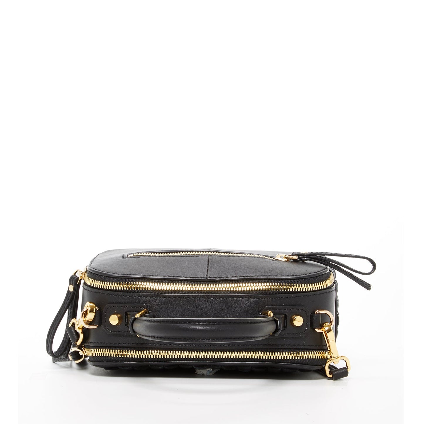 The SUSU Kayla Woven Leather Bag in black features a woven pattern, gold hardware, a top handle, and an adjustable shoulder strap.