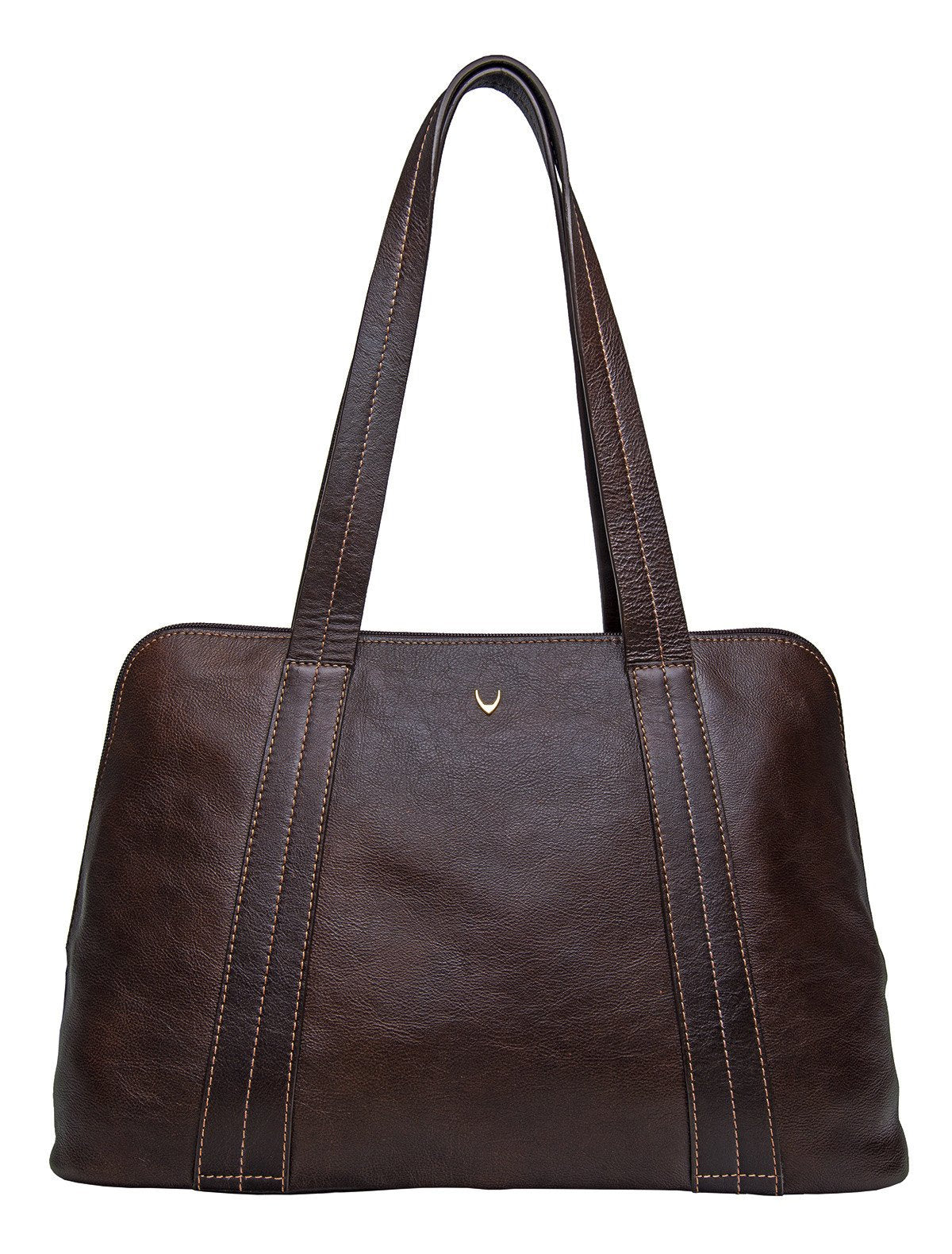 The Hidesign Cerys Leather Multi-Compartment Tote is a brown handbag featuring two straps and a minimal stitching design.