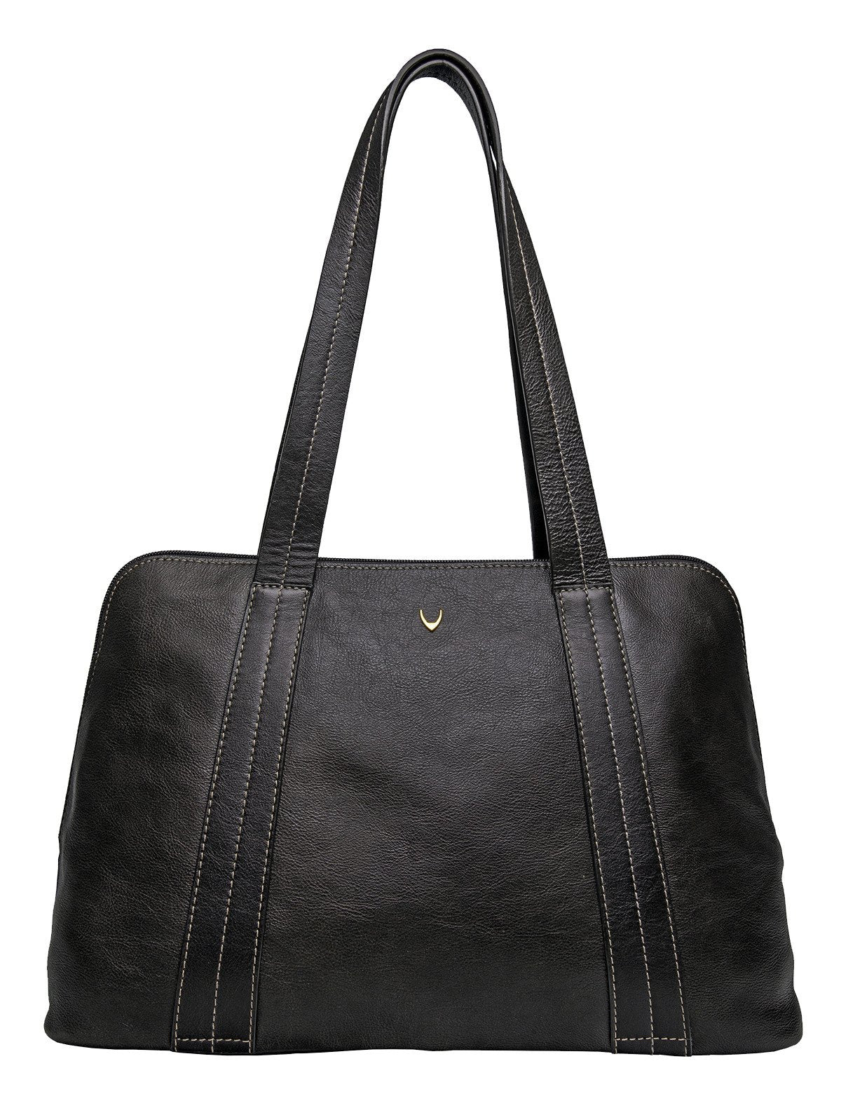 The Hidesign Cerys Leather Multi-Compartment Tote is a brown handbag featuring two straps and a minimal stitching design.