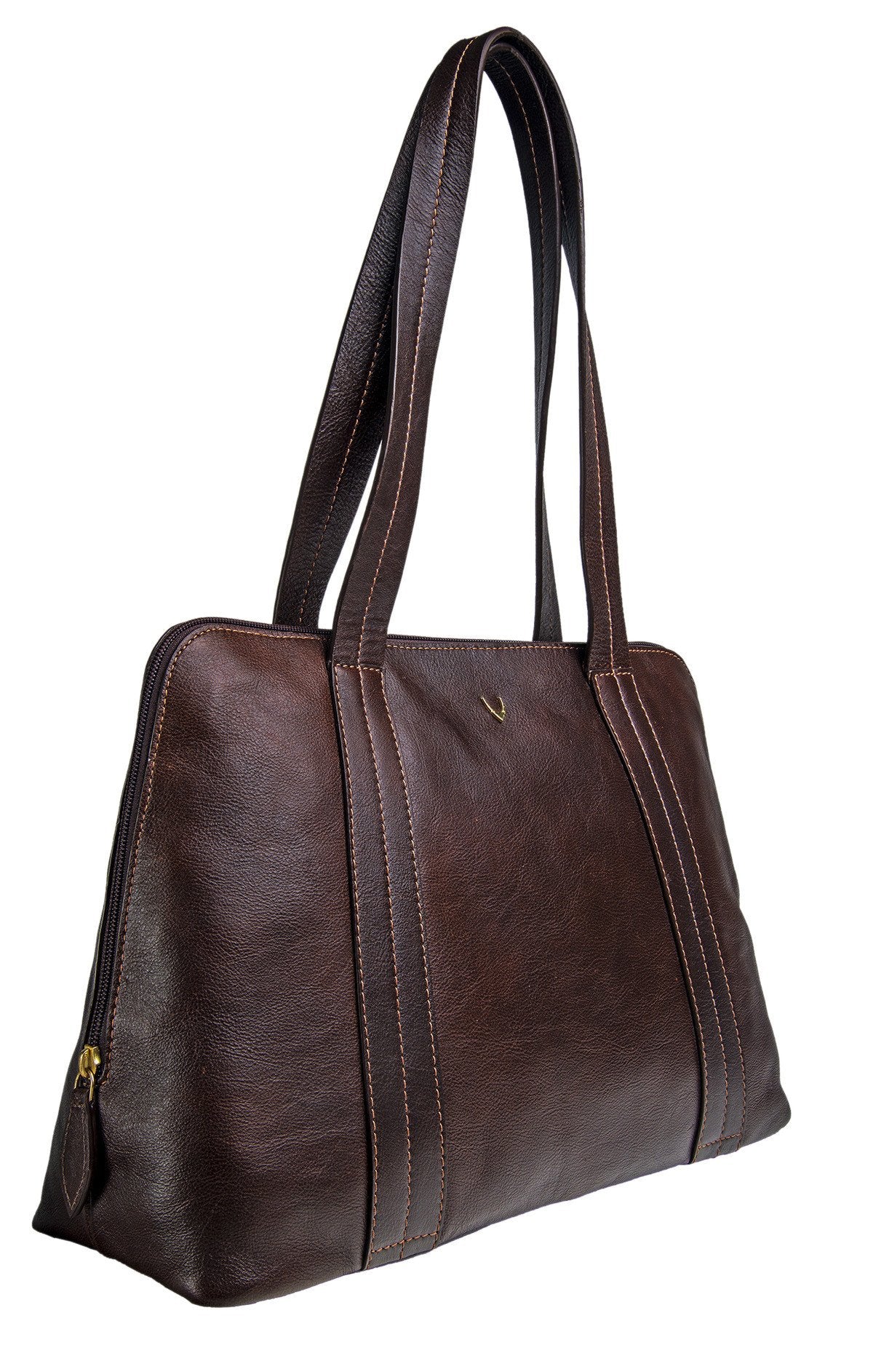 The Hidesign Cerys Leather Multi-Compartment Tote is a brown handbag featuring two straps and a minimal stitching design.
