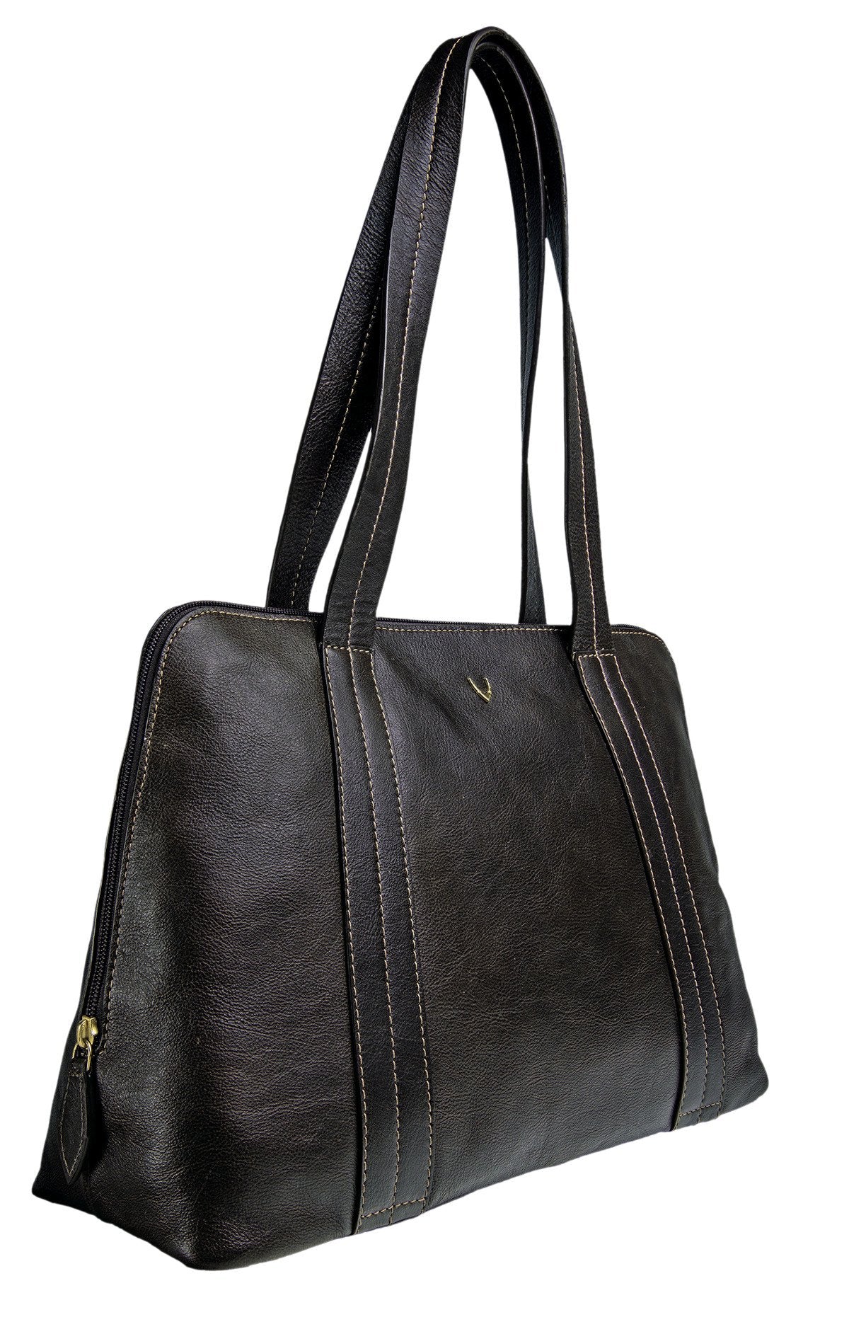 The Hidesign Cerys Leather Multi-Compartment Tote is a brown handbag featuring two straps and a minimal stitching design.