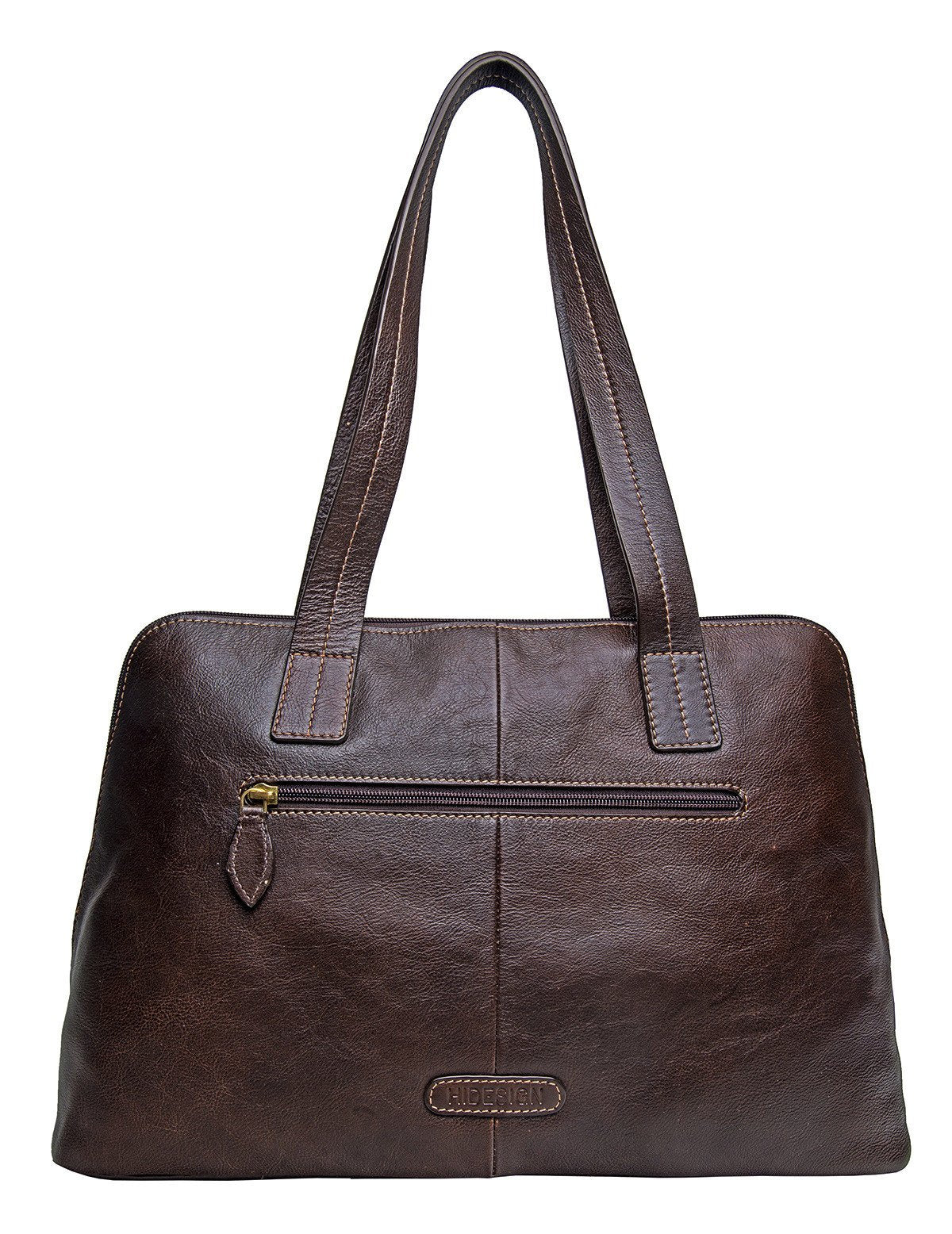 The Hidesign Cerys Leather Multi-Compartment Tote is a brown handbag featuring two straps and a minimal stitching design.