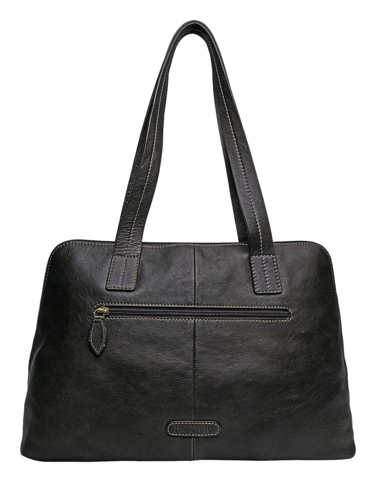 The Hidesign Cerys Leather Multi-Compartment Tote is a brown handbag featuring two straps and a minimal stitching design.