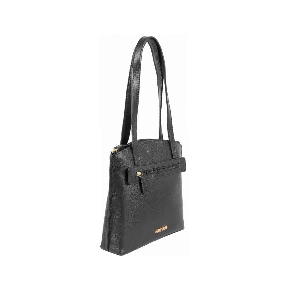 A black Hidesign Clarida Womens Classic Leather Handbag with two shoulder straps, a zippered front pocket, and HIDESIGN embossed in gold at the bottom.