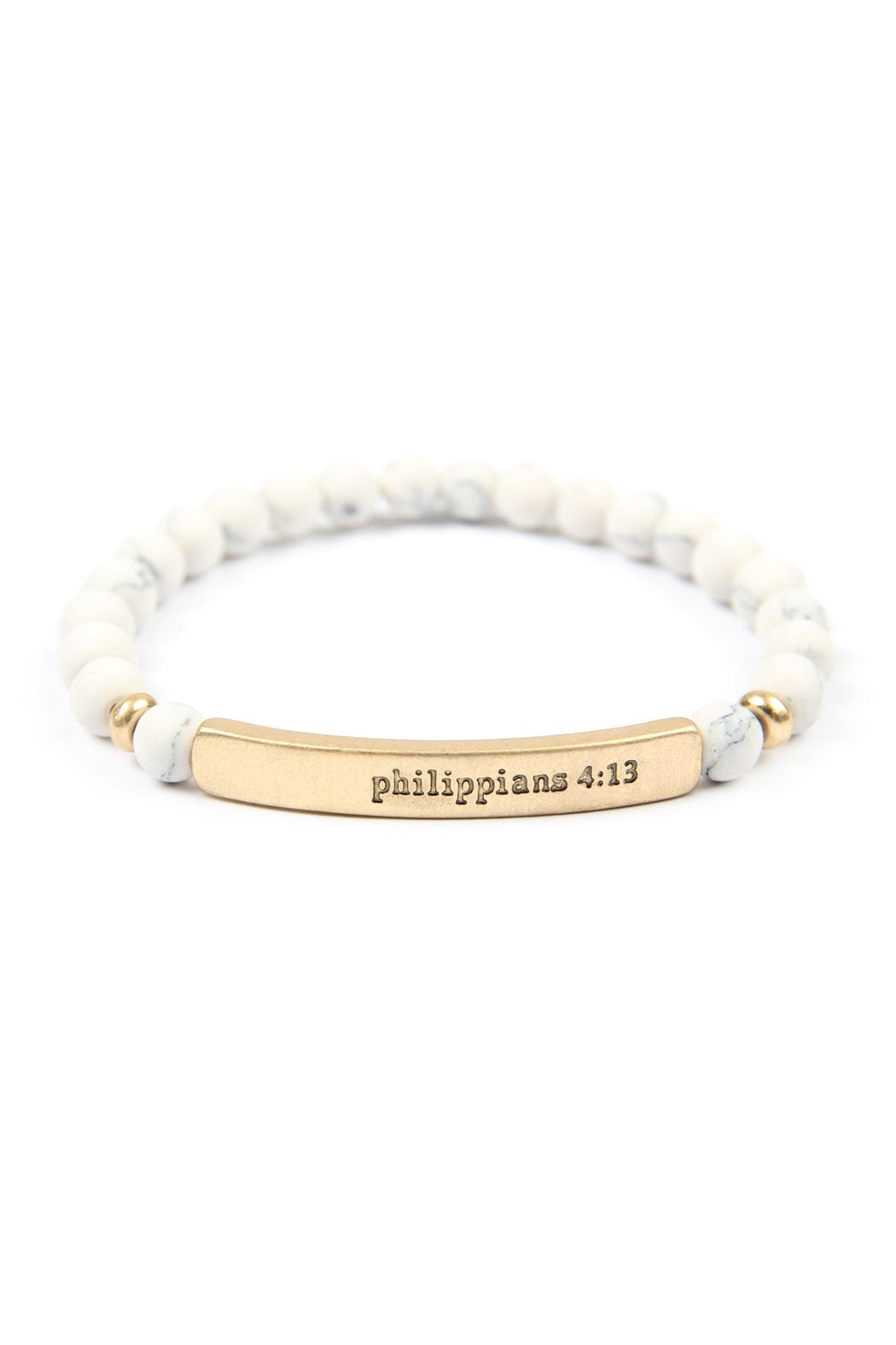 The Philippians 4:13 Natural Stone Stretch Bracelet by Riah Fashion features marble-like beads and a gold-tone bar engraved with Philippians 4:13. Color: Gold Gray.