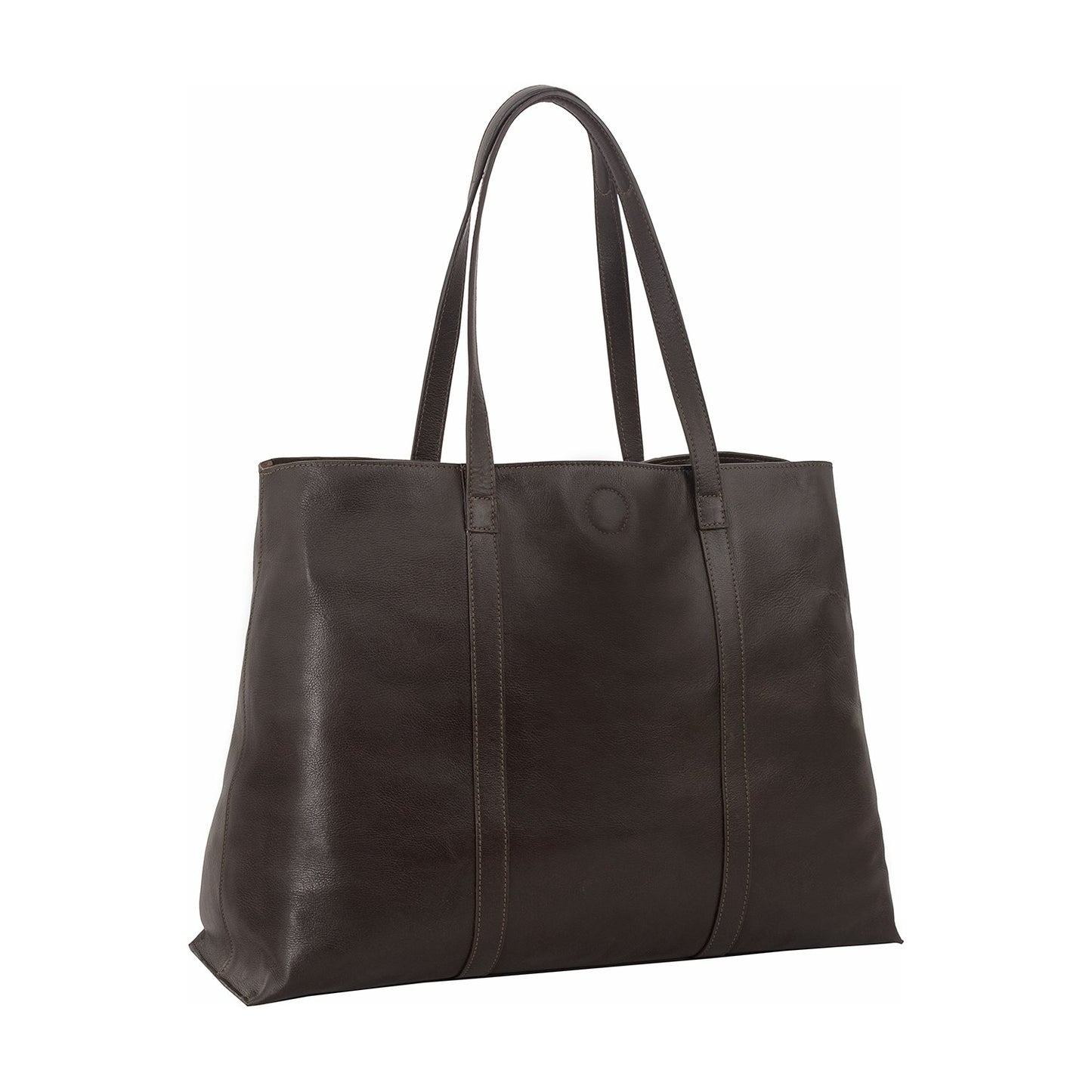 The Nancy Large Leather Tote by Hidesign is a sleek black leather bag with two handles.
