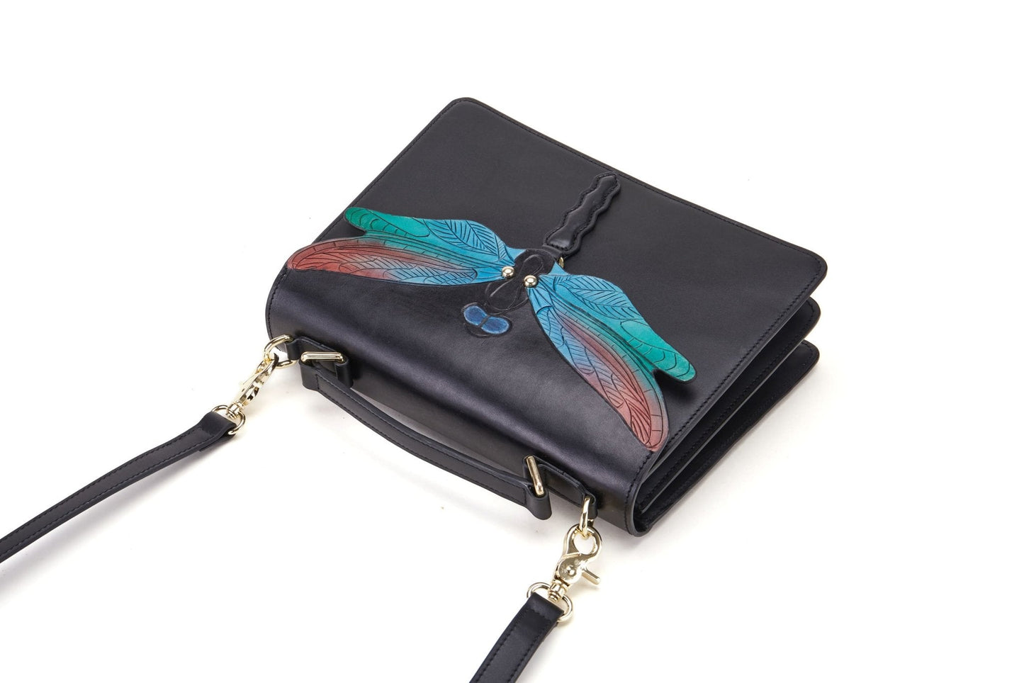 The Bellorita Dragonfly Black Top Handle features a vibrant dragonfly design on the front, adorned with red and teal wings.