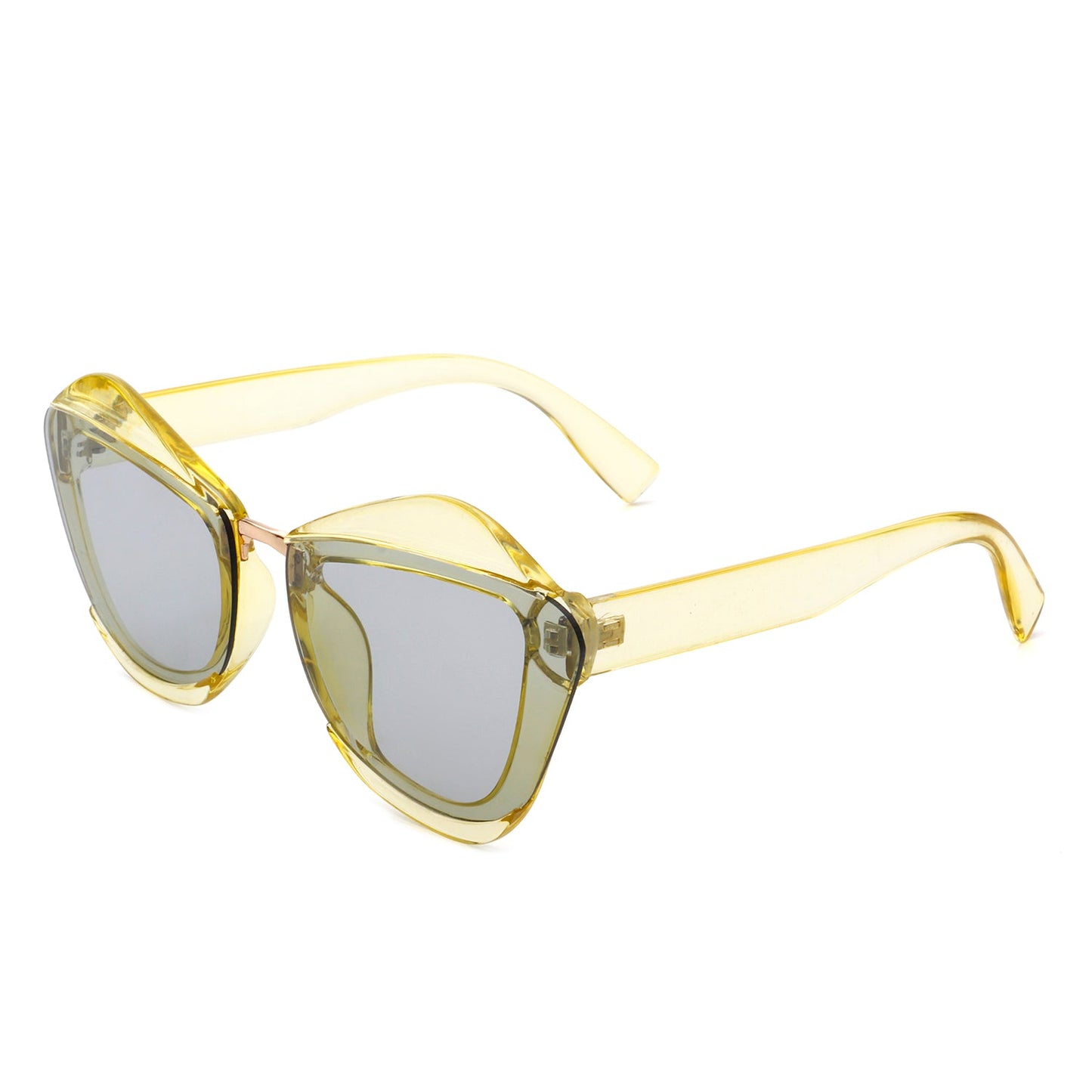 A pair of Infernia sunglasses by Cramilo Eyewear with a square, irregular cat eye frame design in translucent orange and dark tinted lenses.