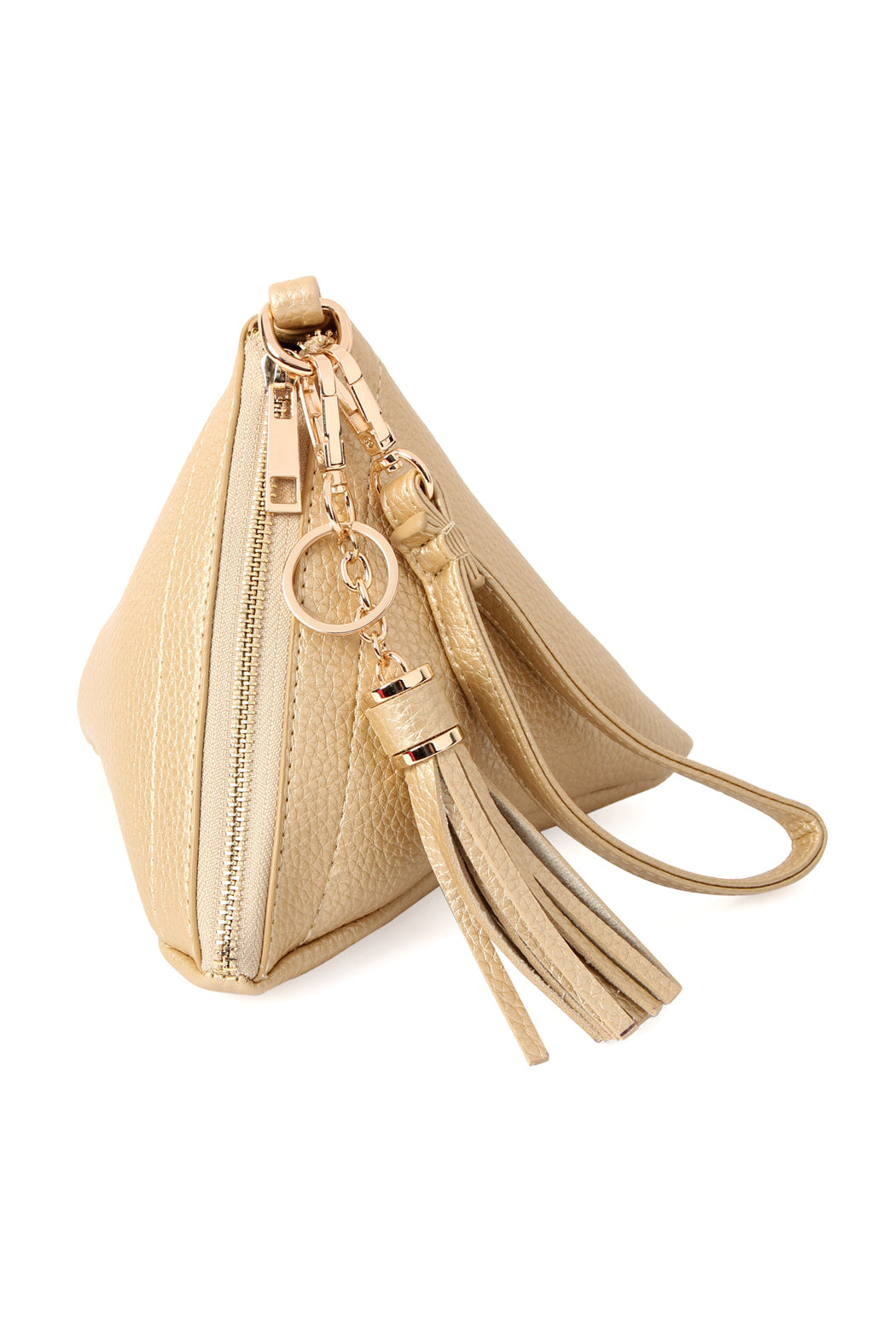 A person in a white shirt and jeans is holding the Riah Fashion Pyramid Shape Tassel Wristlet Leather Bag in orange.