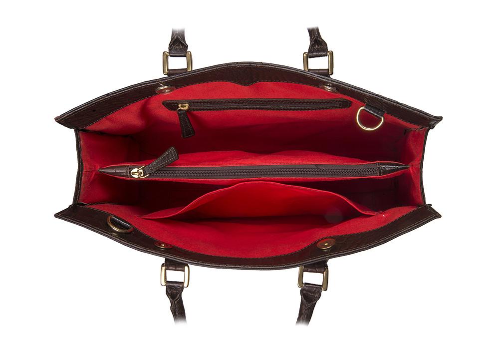 The Kester Elegant Womens Leather Work Bag by Hidesign is a dark brown crocodile-patterned handbag featuring two handles and gold-tone hardware.