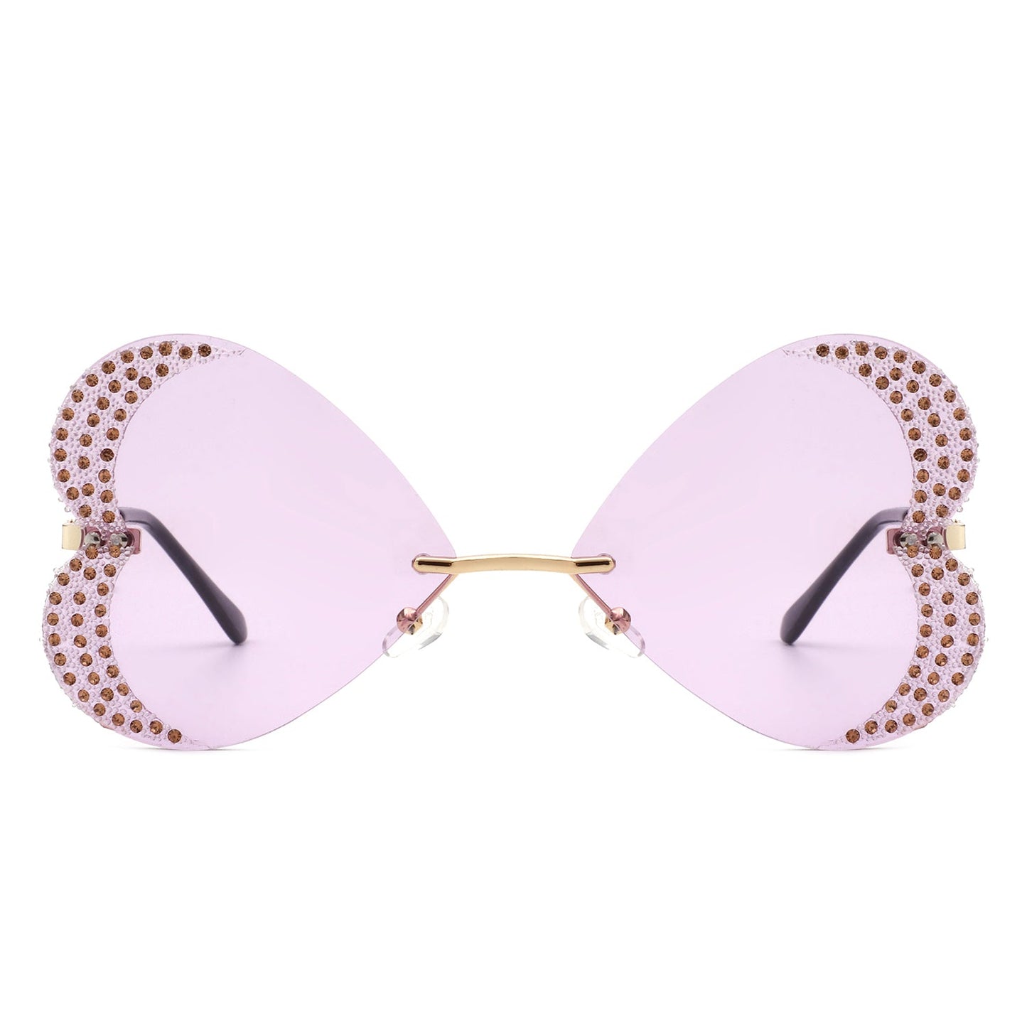 The Quixotia - Rimless Butterfly Heart Shape Tinted Fashion Women Sunglasses by Cramilo Eyewear are heart-shaped with purple lenses and golden arms, adorned with rhinestones along the edges.