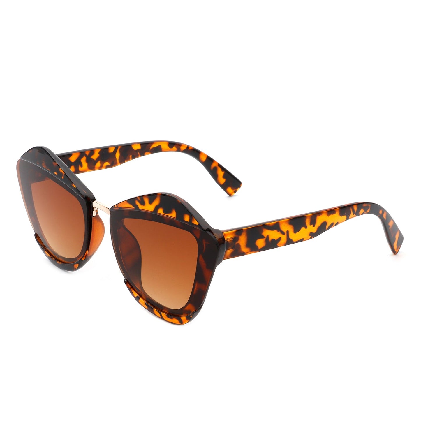 A pair of Infernia sunglasses by Cramilo Eyewear with a square, irregular cat eye frame design in translucent orange and dark tinted lenses.