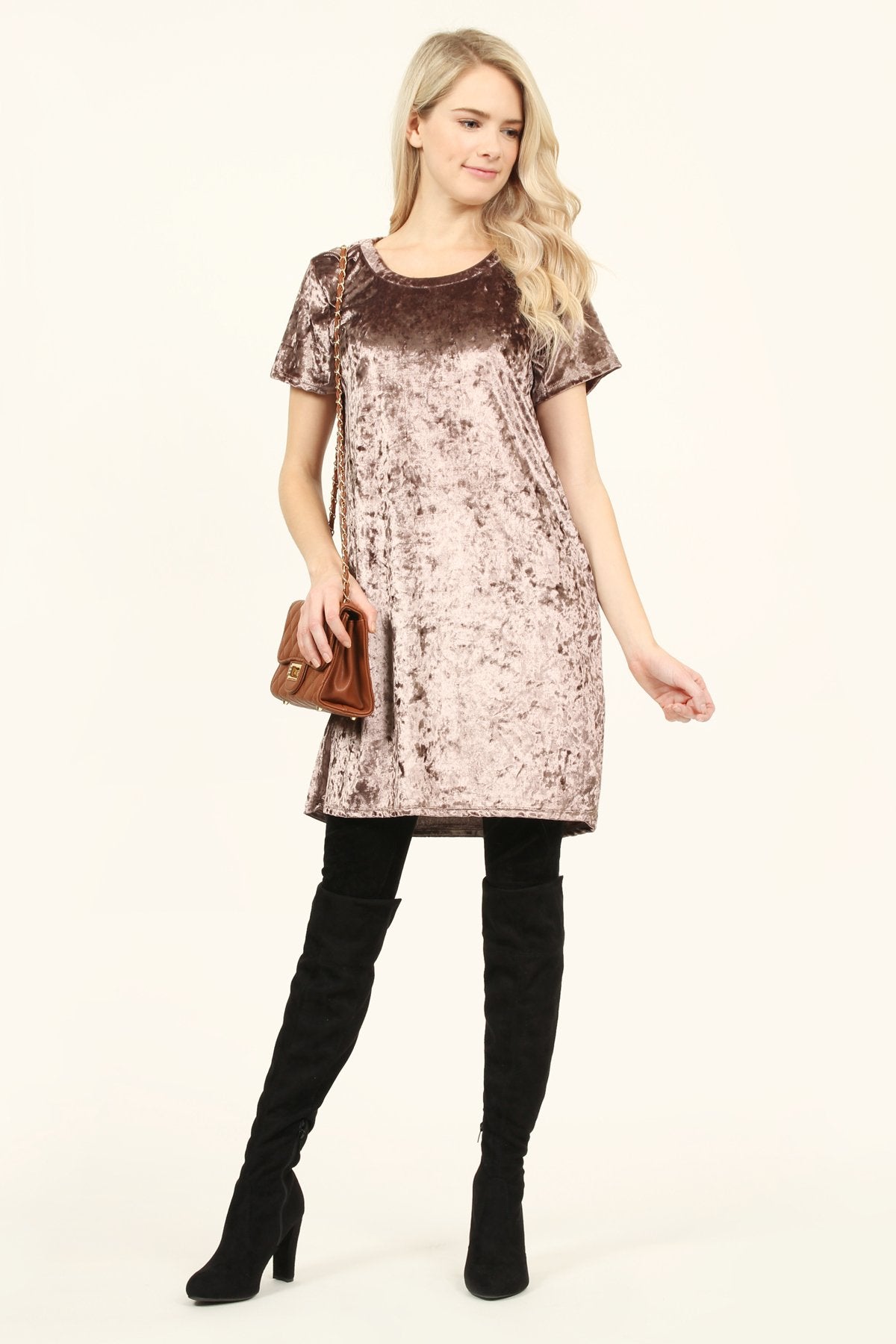 Short Sleeve Crushed Velvet Tunic Dress Taupe / Small Short Sleeve Crushed Velvet Tunic Dress Taupe / Small