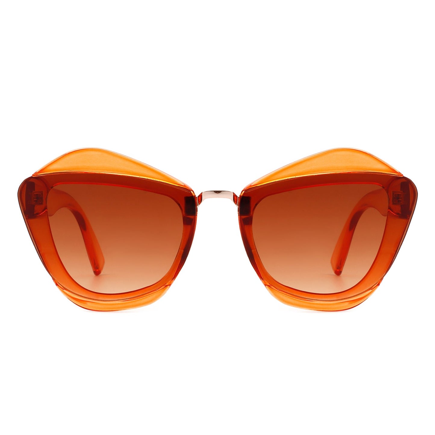 A pair of Infernia sunglasses by Cramilo Eyewear with a square, irregular cat eye frame design in translucent orange and dark tinted lenses.