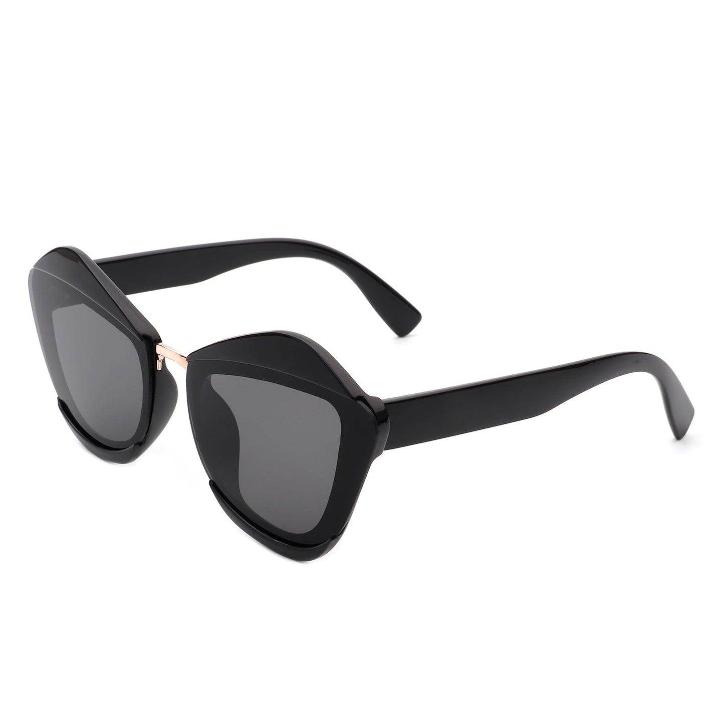 A pair of Infernia sunglasses by Cramilo Eyewear with a square, irregular cat eye frame design in translucent orange and dark tinted lenses.