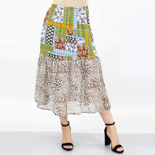 A model wears the Stylespect Animal Print Color Block Skirt in green with floral and animal prints.