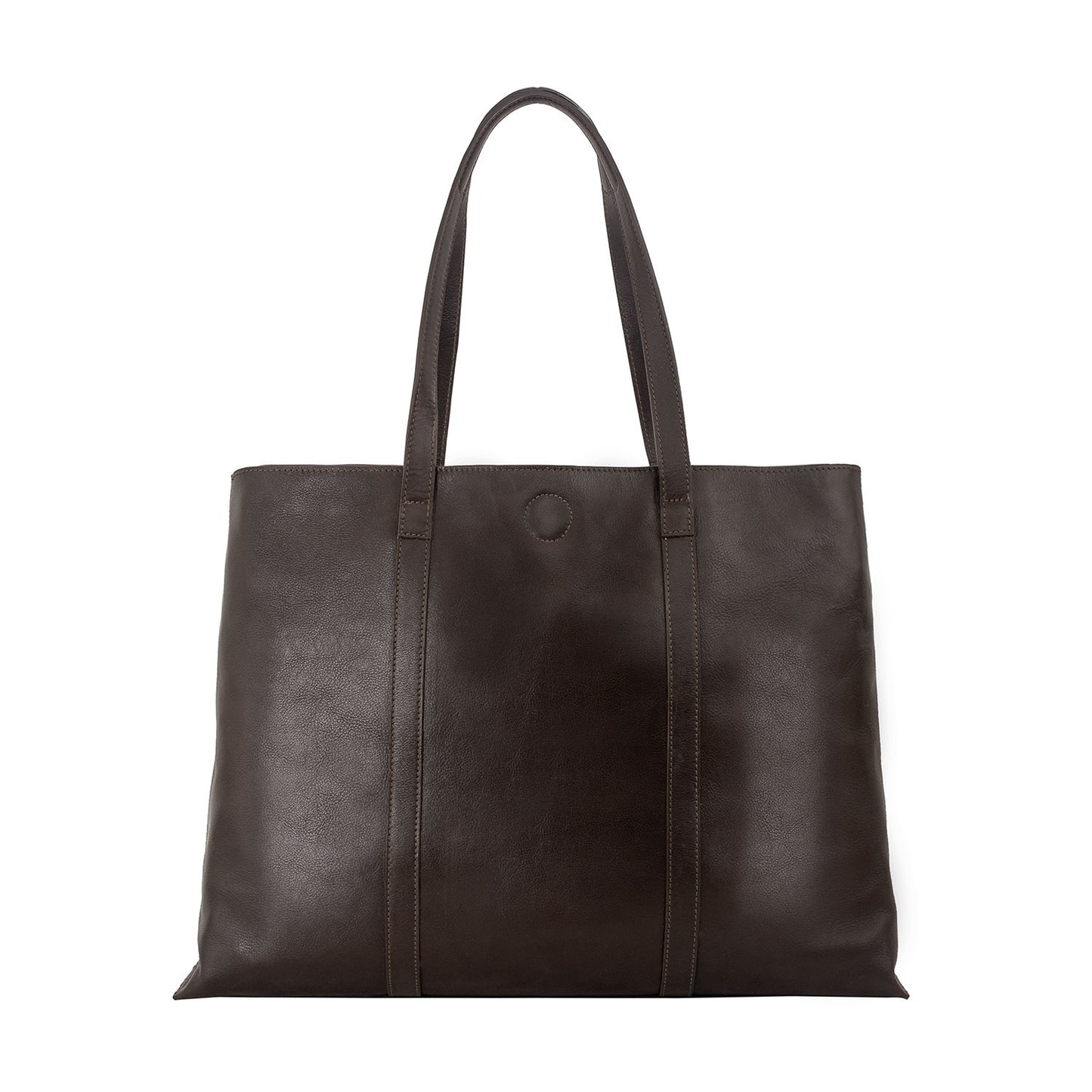 The Nancy Large Leather Tote by Hidesign is a sleek black leather bag with two handles.