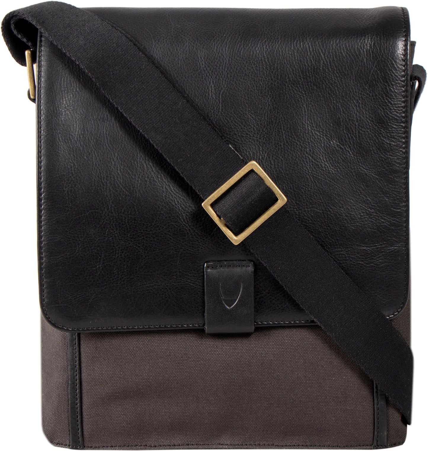 The Aiden Hidesign Blue Genuine Leather and Canvas Crossbody Bag features an adjustable strap and buckle, perfect for men or women as a shoulder, messenger, or travel bag that fits a 10.5 iPad.