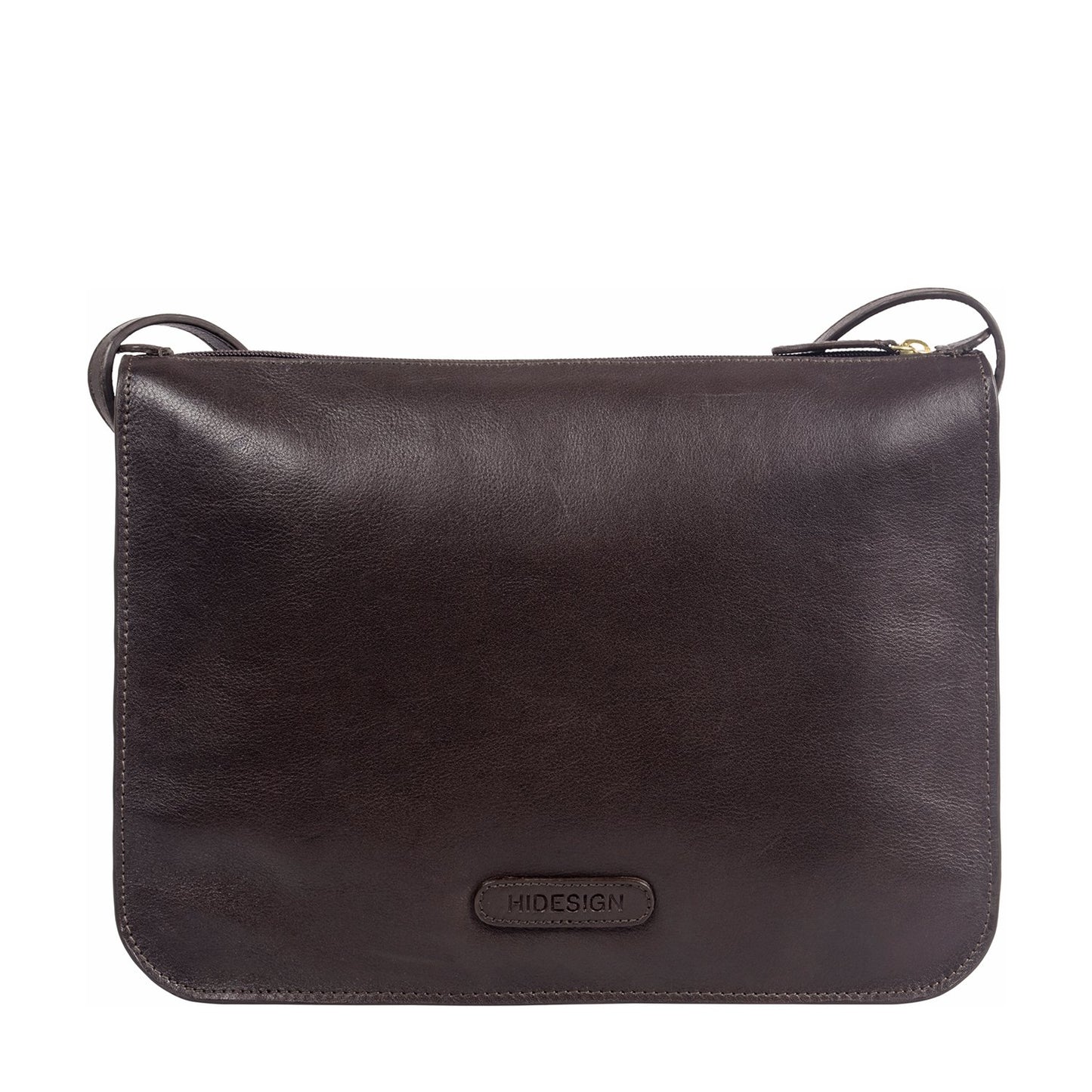 The Hidesign Carmel Medium Leather Sling Bag is a black rectangular crossbody bag featuring an adjustable shoulder strap.