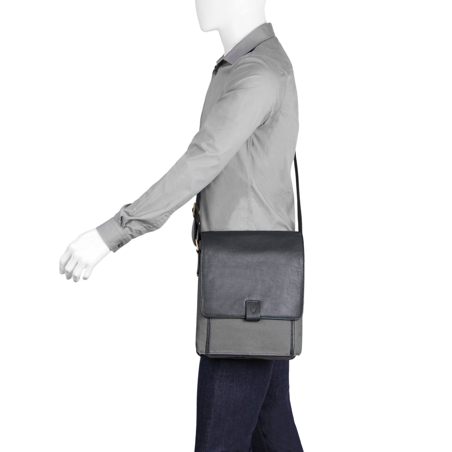 The Aiden Hidesign Blue Genuine Leather and Canvas Crossbody Bag features an adjustable strap and buckle, perfect for men or women as a shoulder, messenger, or travel bag that fits a 10.5 iPad.
