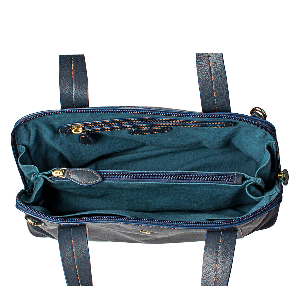 The Hidesign Cerys Leather Satchel features black leather, double handles, gold accents, and visible stitching.