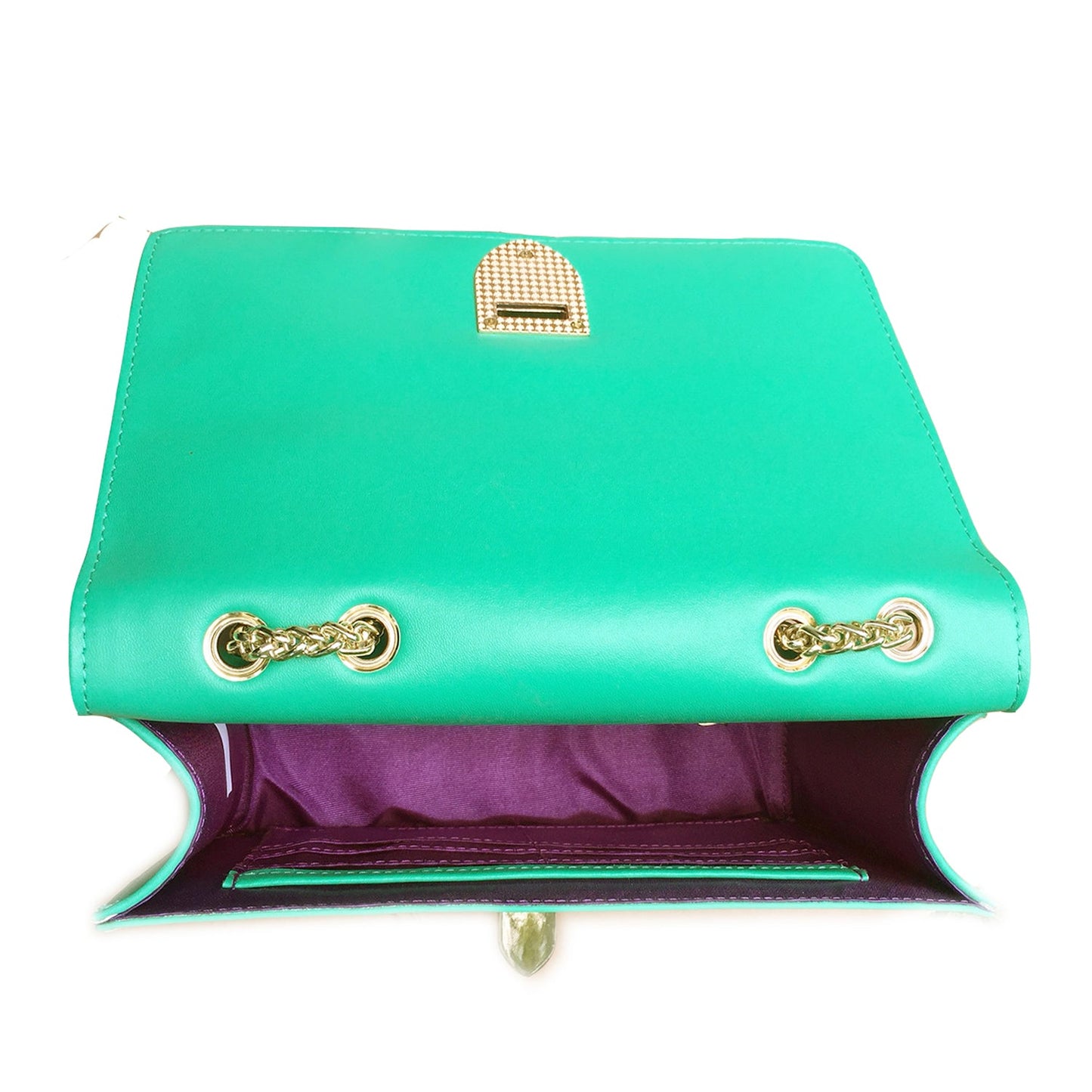 SUSU presents the Josie Green Leather Bag featuring a studded design and a gold chain strap.
