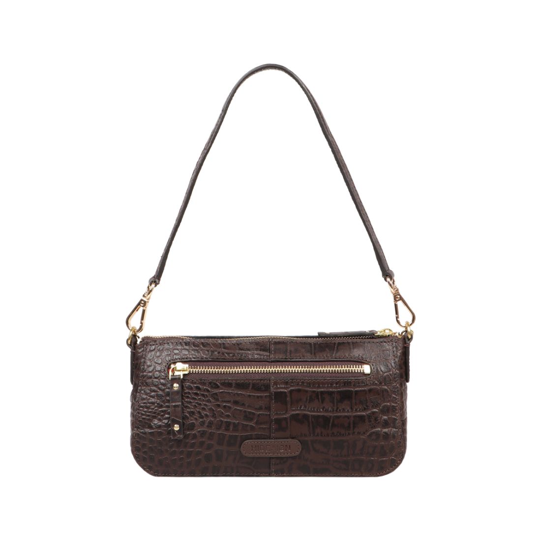 Hidesign Valerie black crocodile-textured handbag featuring a gold chain accent and single shoulder strap against a white background.