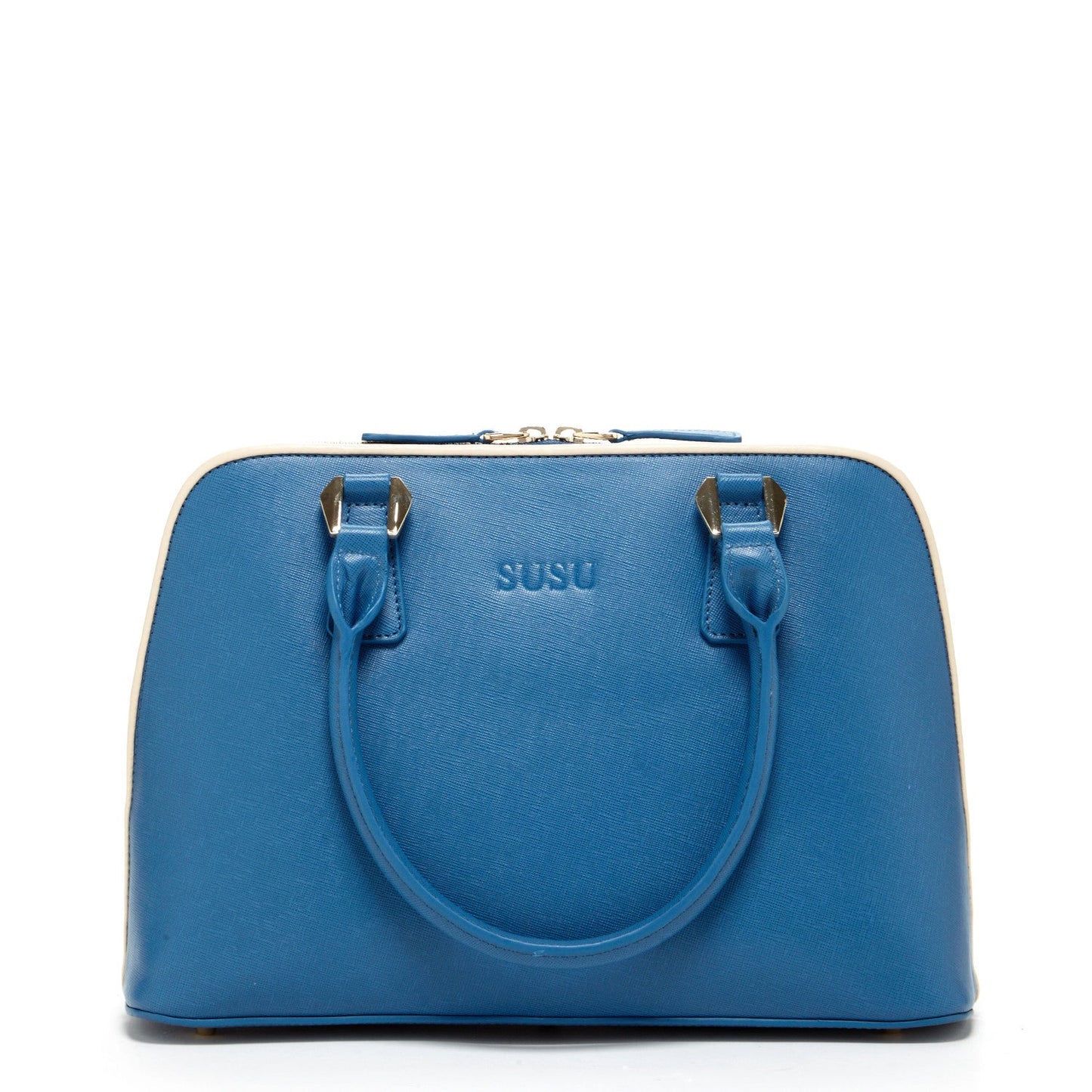Melissa Blue Saffiano Leather Satchel Bag with two handles, zip closure, and SUSU embossed on the front.