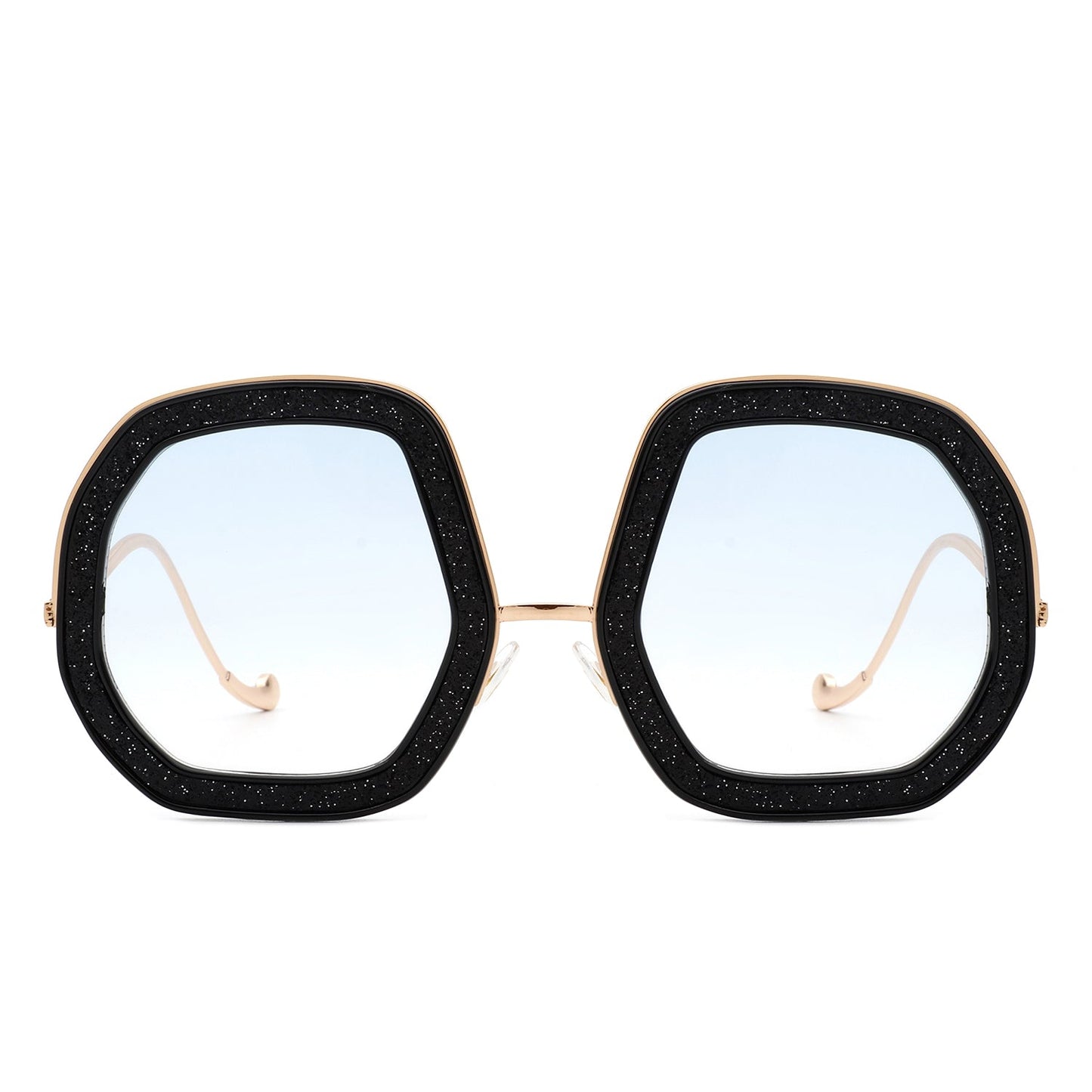 Xanadawn by Cramilo Eyewear: Women’s round irregular geometric sunglasses with brown glitter frames and gradient lenses.